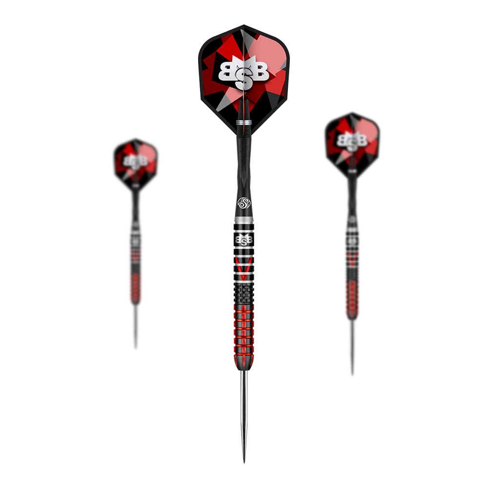 Shot Michael Smith Defiant Steeldarts Auf dem Bild sind drei Steeldarts des Modells "Shot Michael Smith Defiant" zu sehen. Die Darts haben ein auffälliges schwarzes und rotes Design mit silbernen Spitzen.