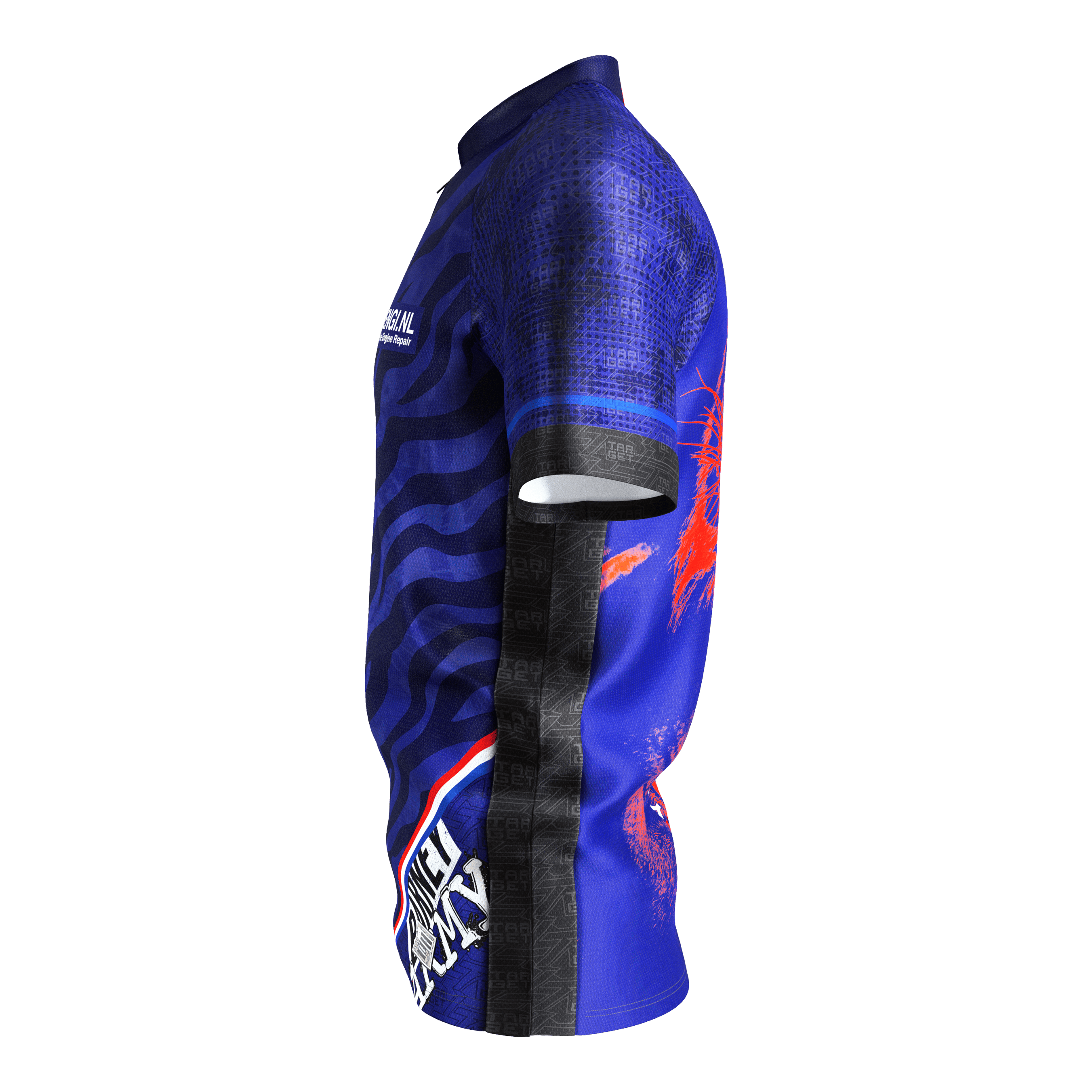 Target Coolplay Raymond Van Barneveld 2025 dart shirt Das Bild zeigt das Target Coolplay Raymond Van Barneveld 2025 Dartshirt. Das Shirt ist überwiegend blau mit schwarzen und roten Akzenten und auffälligem Design.