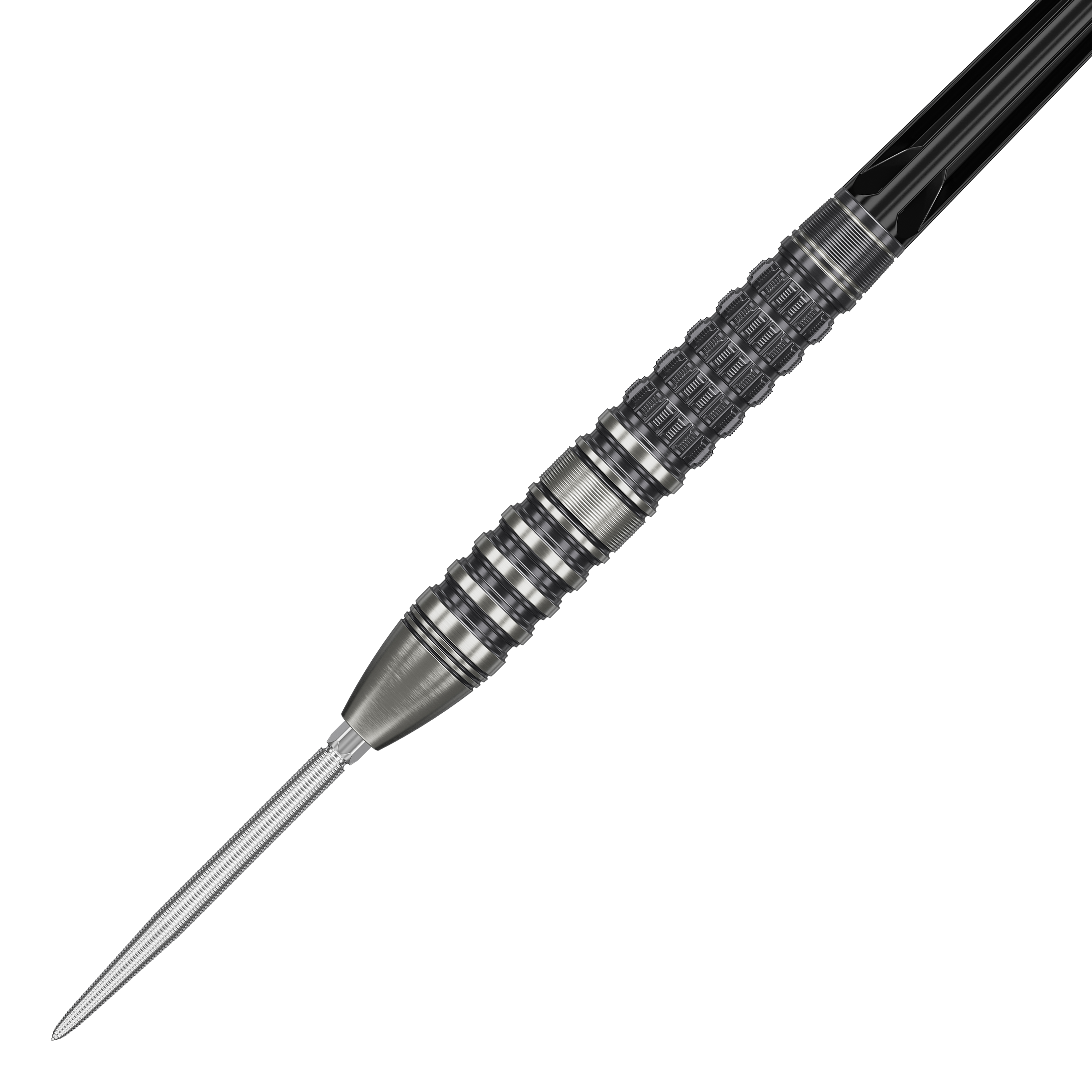 Das Bild zeigt den Target Japan Black Marque Lumiere GEN3 Steeldart. Der Dart hat ein silbernes, fein strukturiertes Barrel mit schwarzen Akzenten und einer scharfen Spitze.