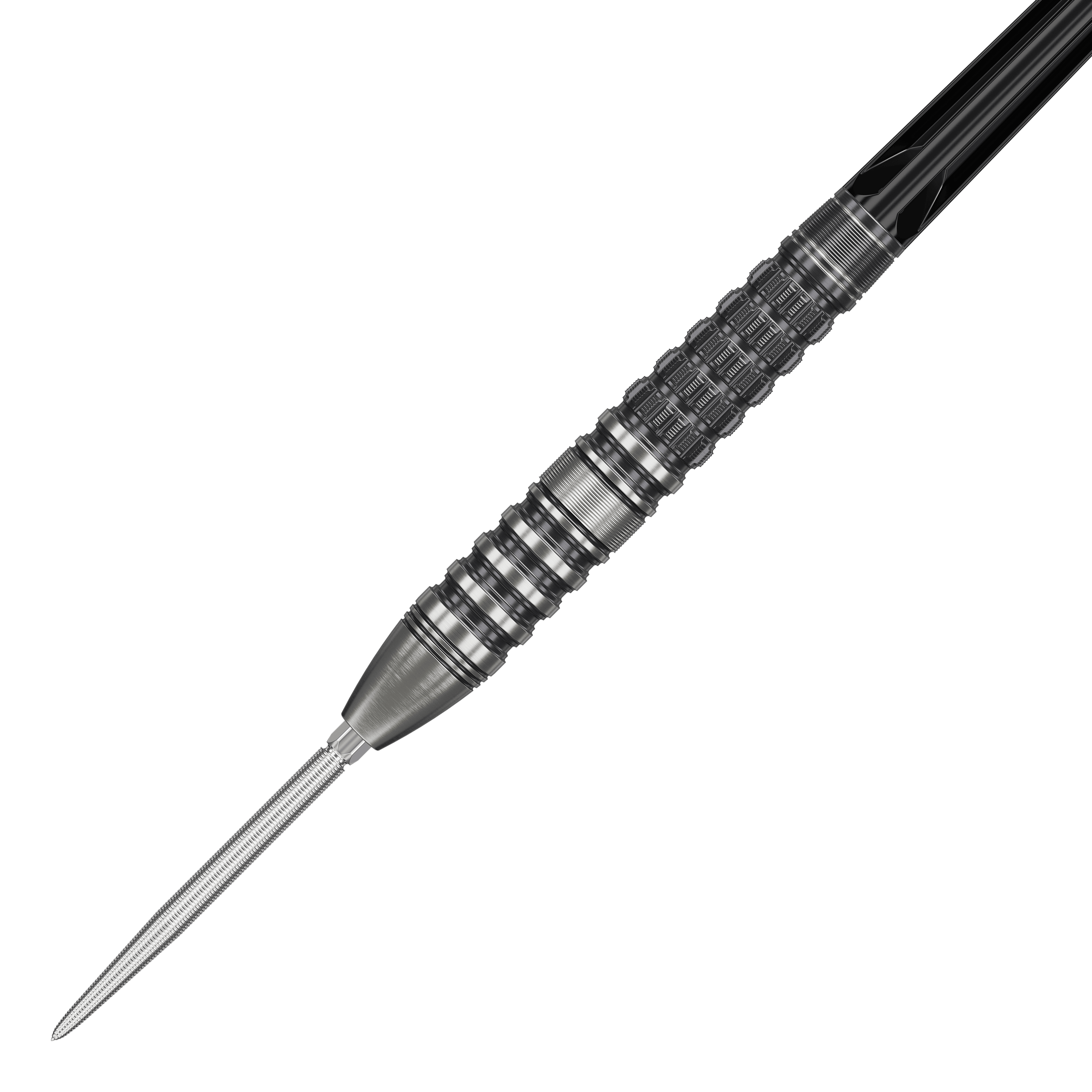 Target Japan Black Marque Lumiere GEN3 steel darts Das Bild zeigt den Target Japan Black Marque Lumiere GEN3 Steeldart. Der Dart hat ein silbernes, fein strukturiertes Barrel mit schwarzen Akzenten und einer scharfen Spitze.