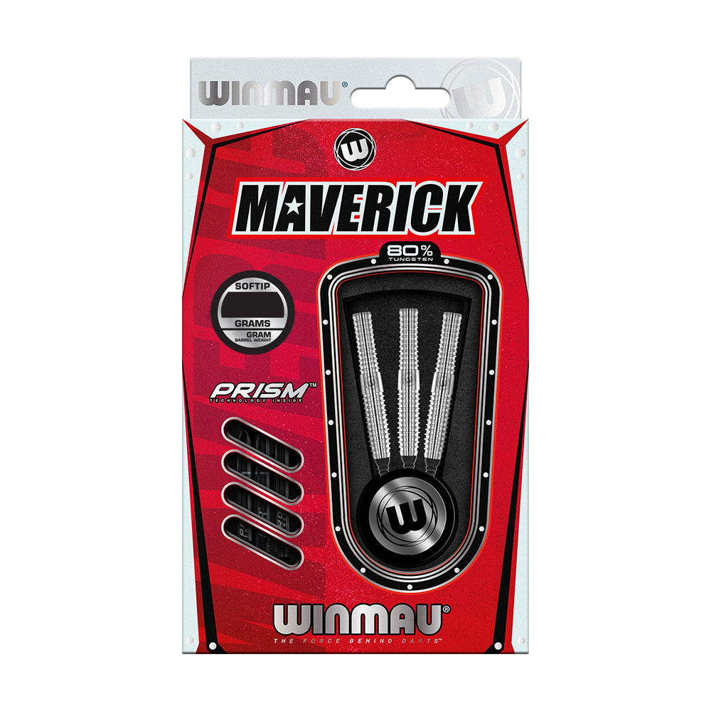 2465_Winmau_Maverick_Softdarts_3 Das Bild zeigt eine Verpackung der Winmau Maverick Softdarts mit 20 Gramm. Die Verpackung ist rot und enthält drei silberne Darts mit Prism-Schäften.