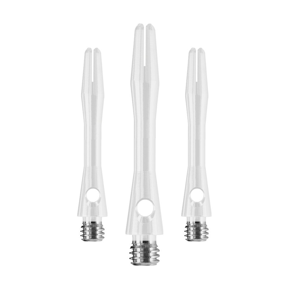 HR372_Harrows_Keramic_Shafts_Weiss_35mm_1 Das Bild zeigt drei weiße Harrows Keramic Shafts für Darts. Sie haben einen glänzenden Metallgewinde am unteren Ende.