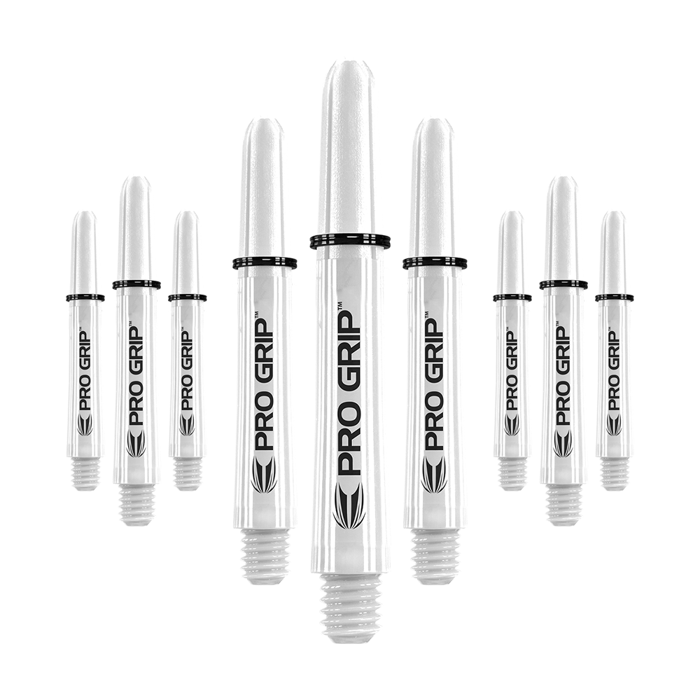Target Pro Grip Shafts - 3 Sets - White Auf dem Bild sind neun weiße Dart-Schäfte mit der Aufschrift "Pro Grip" abgebildet. Sie sind gleichmäßig angeordnet und wirken hochwertig verarbeitet.