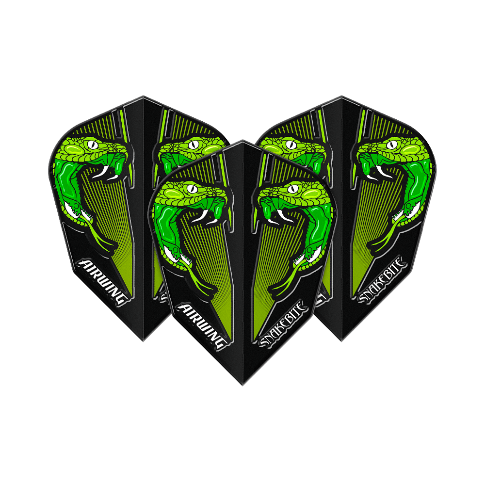 Red Dragon Airwing Peter Wright Green V-Standard Flights Das Bild zeigt drei Dartflights mit einem auffälligen grünen Schlangenkopf-Design. Auf den Flights steht "AIRWING" und "SNAKEBITE".