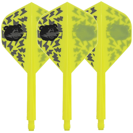 Condor Axe Black Bear Miyu Miyawaki Flight-Shaft Yellow - Standard Das Bild zeigt drei gelbe Dartflights mit schwarzem Bärenmotiv und Blitzmustern. Die Flights gehören zum Produkt „Condor Axe Black Bear Miyu Miyawaki Flight-Shaft Yellow – Standard“.