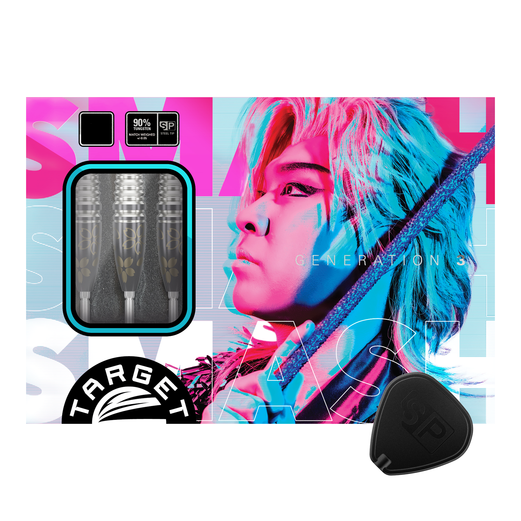 Target Japan Junya Koikawa Charm Smash GEN3 Swiss Point Steel Darts - 23g Das Bild zeigt die Verpackung der "Target Japan Junya Koikawa Charm Smash GEN3 Swiss Point Steeldarts - 23g". Auf der Verpackung ist ein farbenfrohes Porträt einer Person sowie die Darts selbst abgebildet.