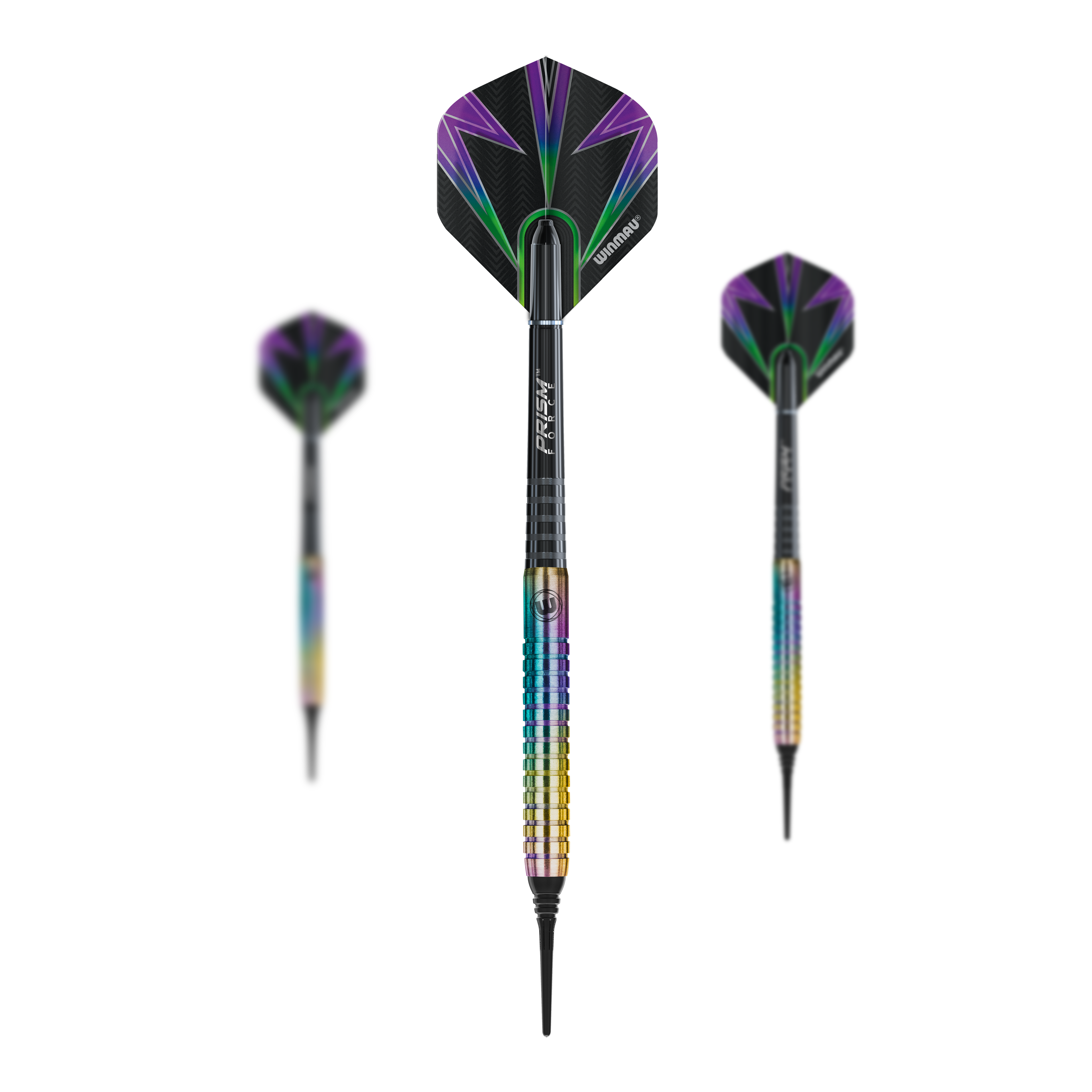 Winmau Foxfire Urban Soft Darts - 20g Das Bild zeigt drei Winmau Foxfire Urban Softdarts mit einem Gewicht von 20g. Die Darts haben auffällige, bunte Flights mit lila und grünen Blitzmustern sowie einen metallisch schimmernden Griff.