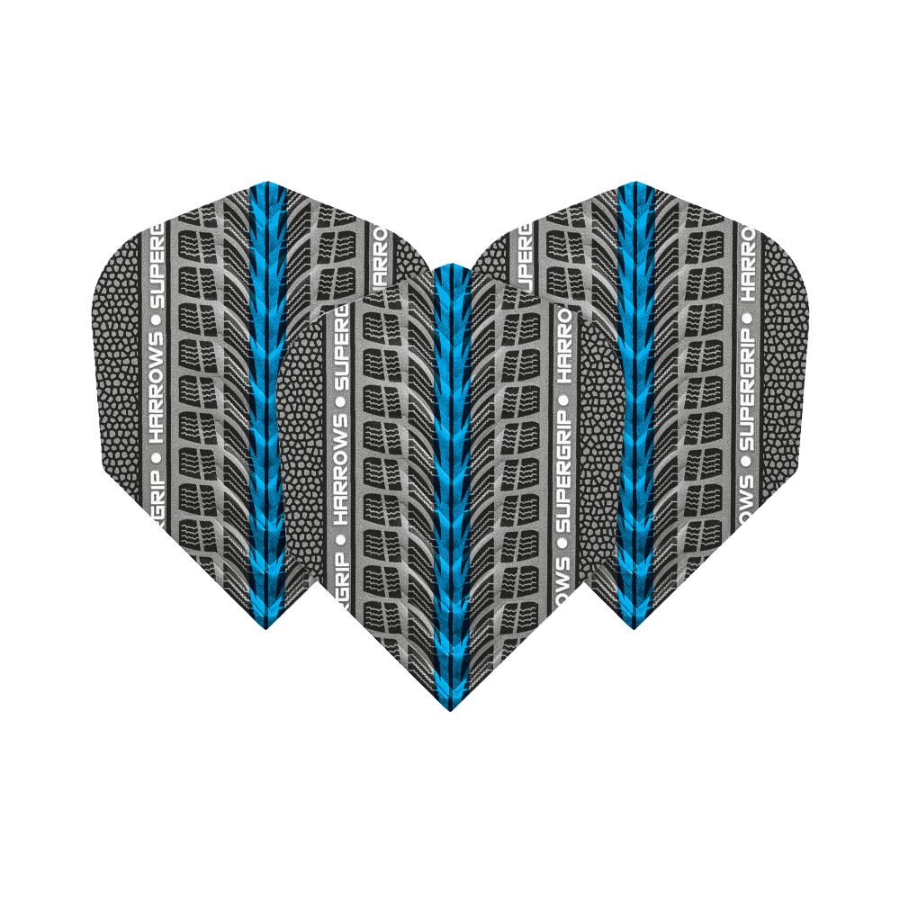 Das Bild zeigt drei Harrows Supergrip Blau No6 Flights für Dartpfeile. Das Design ist grau mit blauen und schwarzen Akzenten sowie dem Schriftzug "Harrows Supergrip".