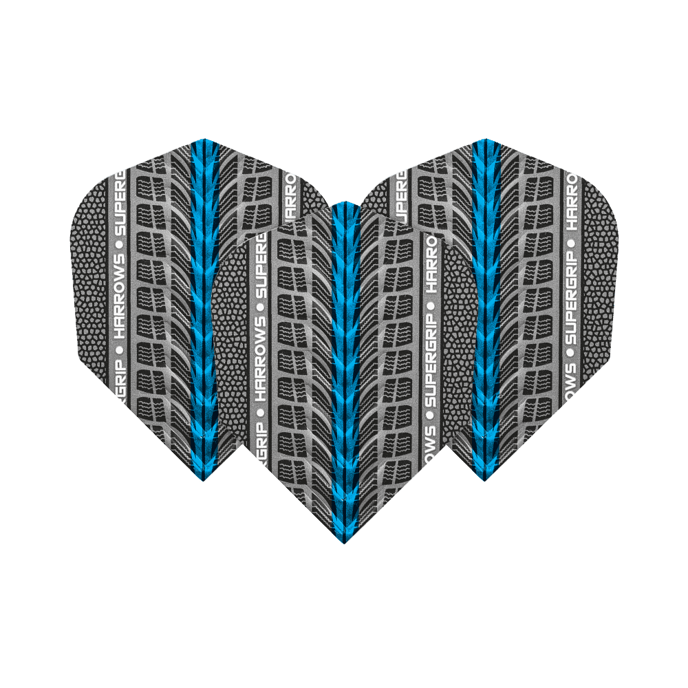 HR75_Harrows_Supergrip_Blau_No6_Flights_1JhGJkScJpDoxl Das Bild zeigt drei Harrows Supergrip Blau No6 Flights für Dartpfeile. Das Design ist grau mit blauen und schwarzen Akzenten sowie dem Schriftzug "Harrows Supergrip".