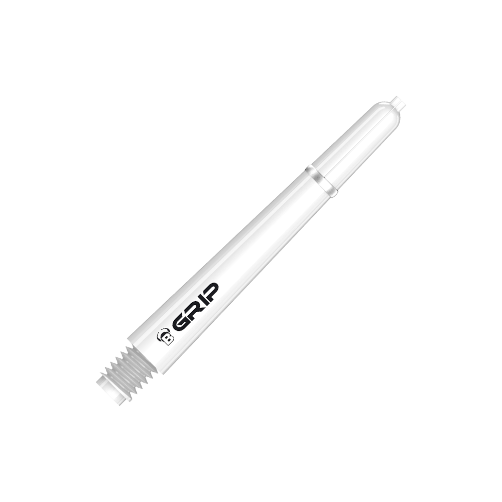 Das Bild zeigt einen weißen Bulls B-Grip-2 SL Schaft für Dartpfeile. Auf dem Schaft ist das Wort "GRIP" in schwarzer Schrift zu sehen.