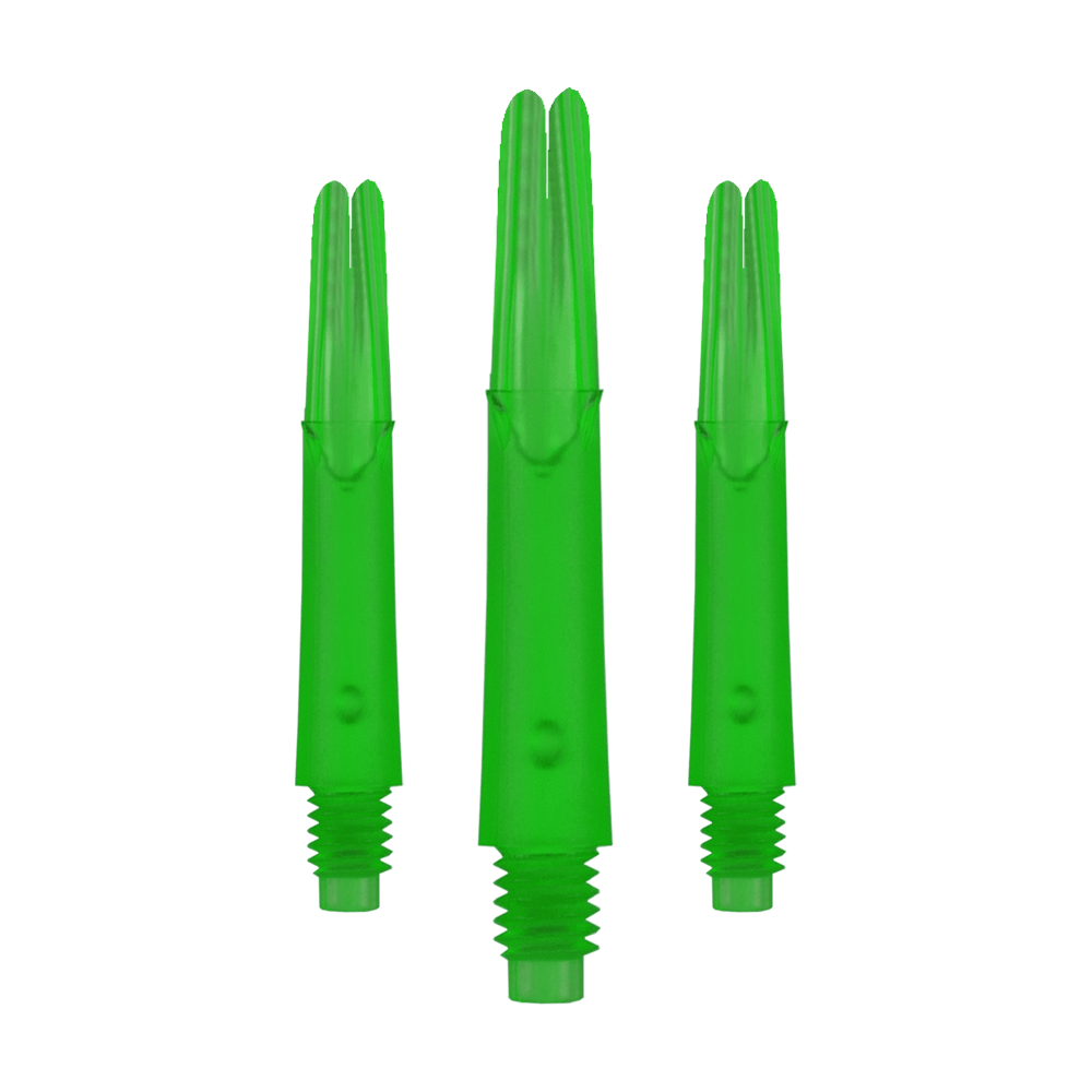 L-L-Style-Shafts Locked Straight - Green Auf dem Bild sind drei gerade, grüne Dartschäfte ohne Kappen zu sehen. Sie sind durchsichtig und haben am unteren Ende ein Gewinde.