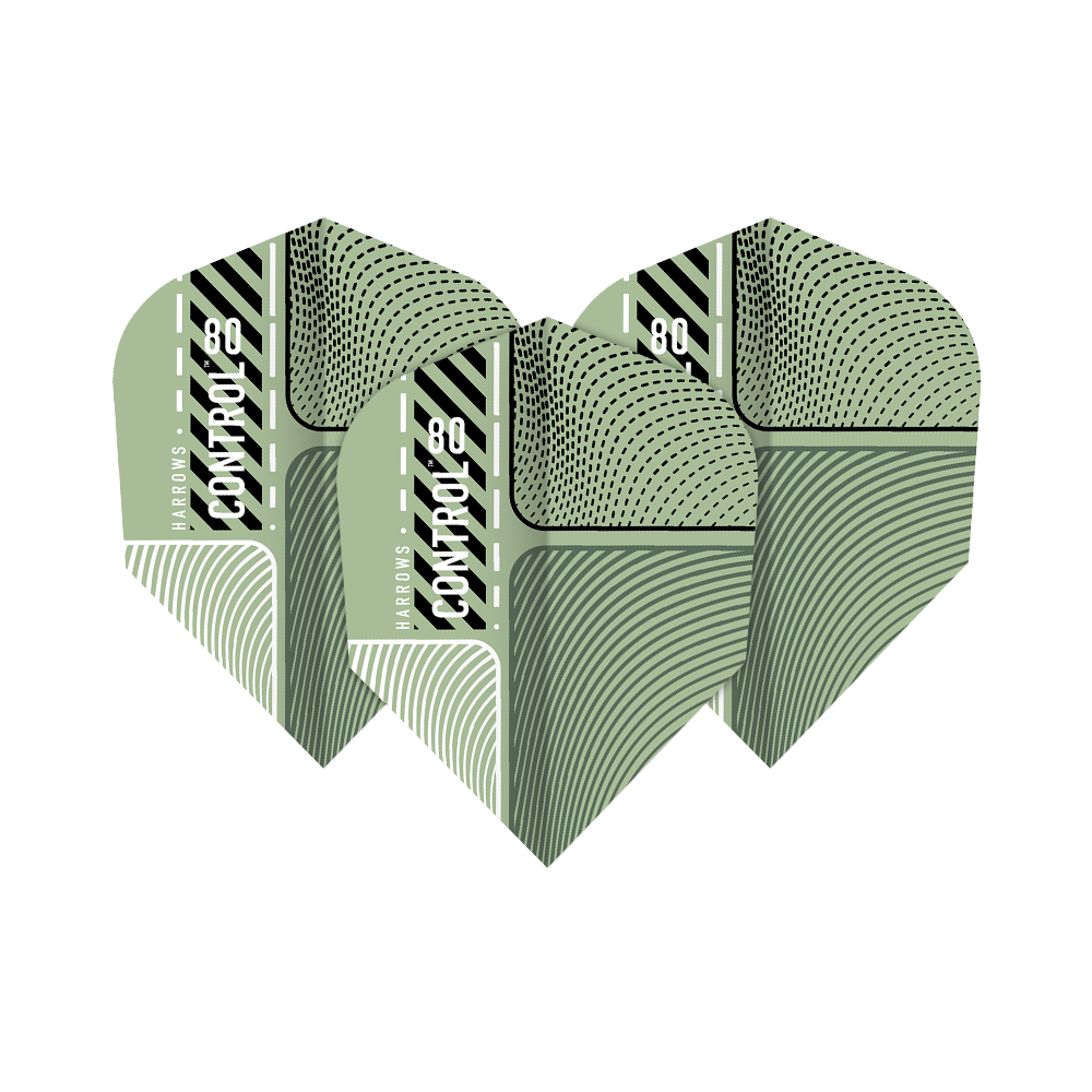 Harrows Prime Control No6 Flights Das Bild zeigt drei Harrows Prime Control No6 Flights für Darts. Die Flights haben ein modernes, grünes Design mit grafischen Mustern und dem Aufdruck "Control 80".