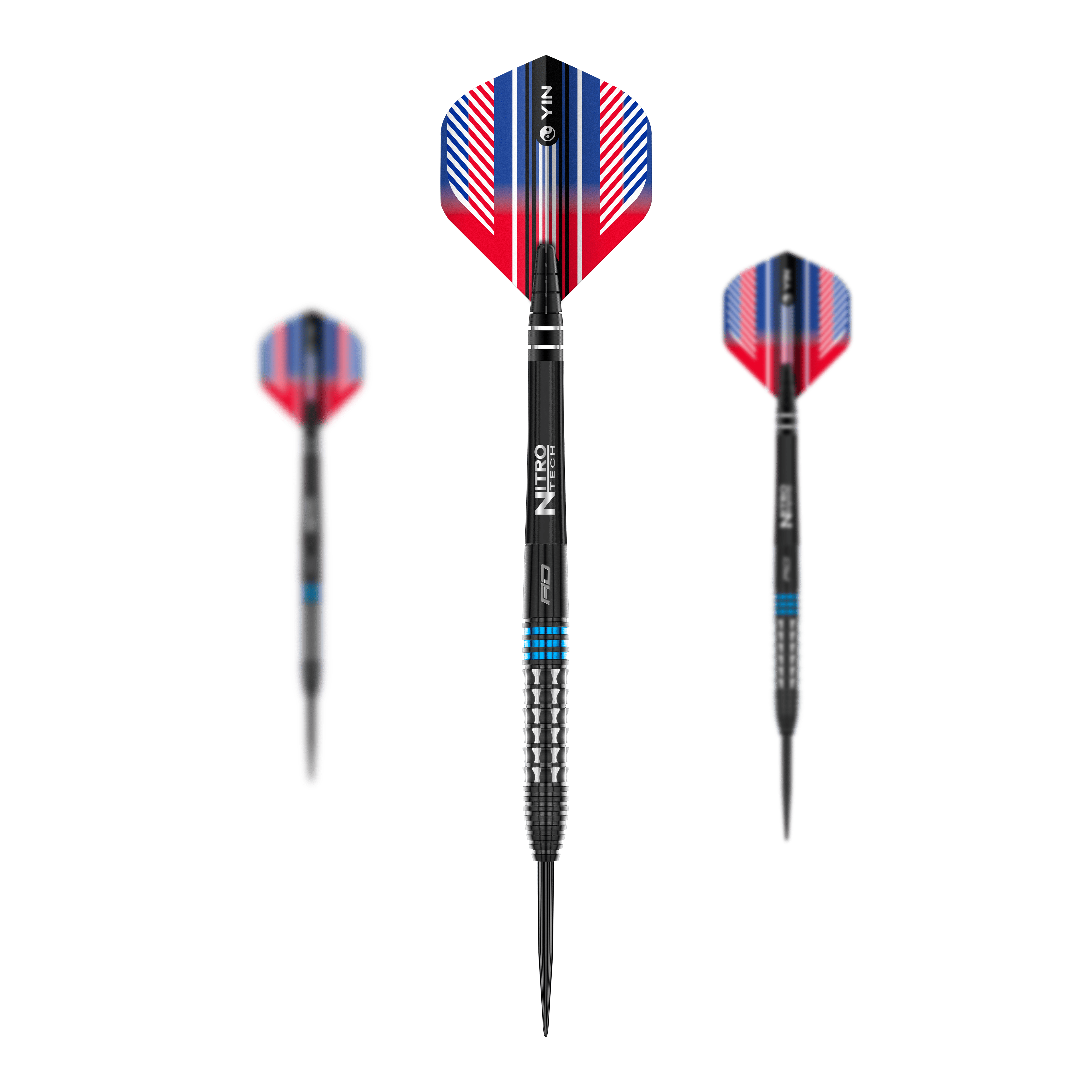 Das Bild zeigt drei Steeldarts des Produkts 'Red Dragon Vengeance Blue'. Die Darts haben schwarze Spitzen, silberne Griffe mit blauen Ringen und auffällige Flights in Rot, Blau und Weiß.