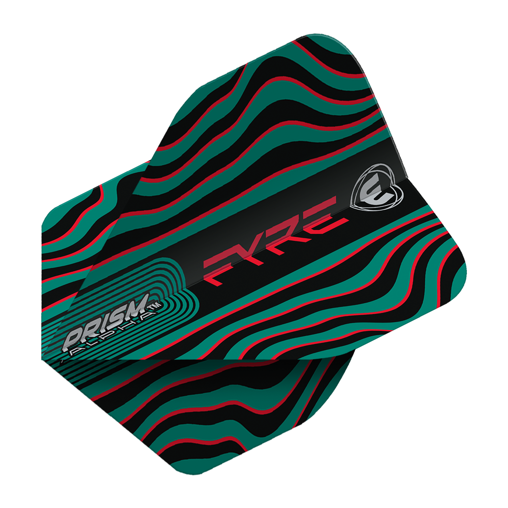 6915-708_Winmau_Prism_Alpha_Fyre_BlackTurquoiseRed_Standard_Flights_2ikImxpb4wmDxY Das Bild zeigt das Produkt "Winmau Prism Alpha Fyre BlackTurquoiseRed Standard Flights". Das Design ist schwarz mit welligen türkisfarbenen und roten Linien sowie auffälliger Aufschrift.