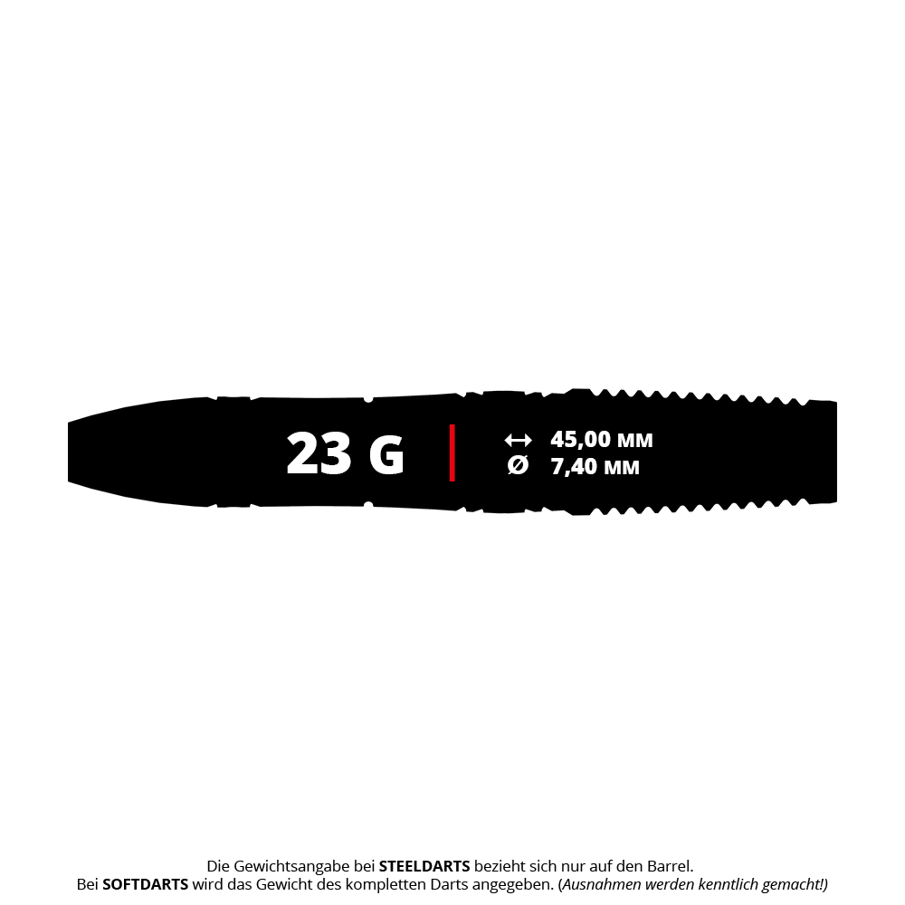 Target Japan Haruki Muramatsu Rising Sun GEN9 Steeldarts - 23g Das Bild zeigt einen Steeldart mit einem Gewicht von 23 Gramm. Die Länge beträgt 45,00 mm und der Durchmesser 7,40 mm.