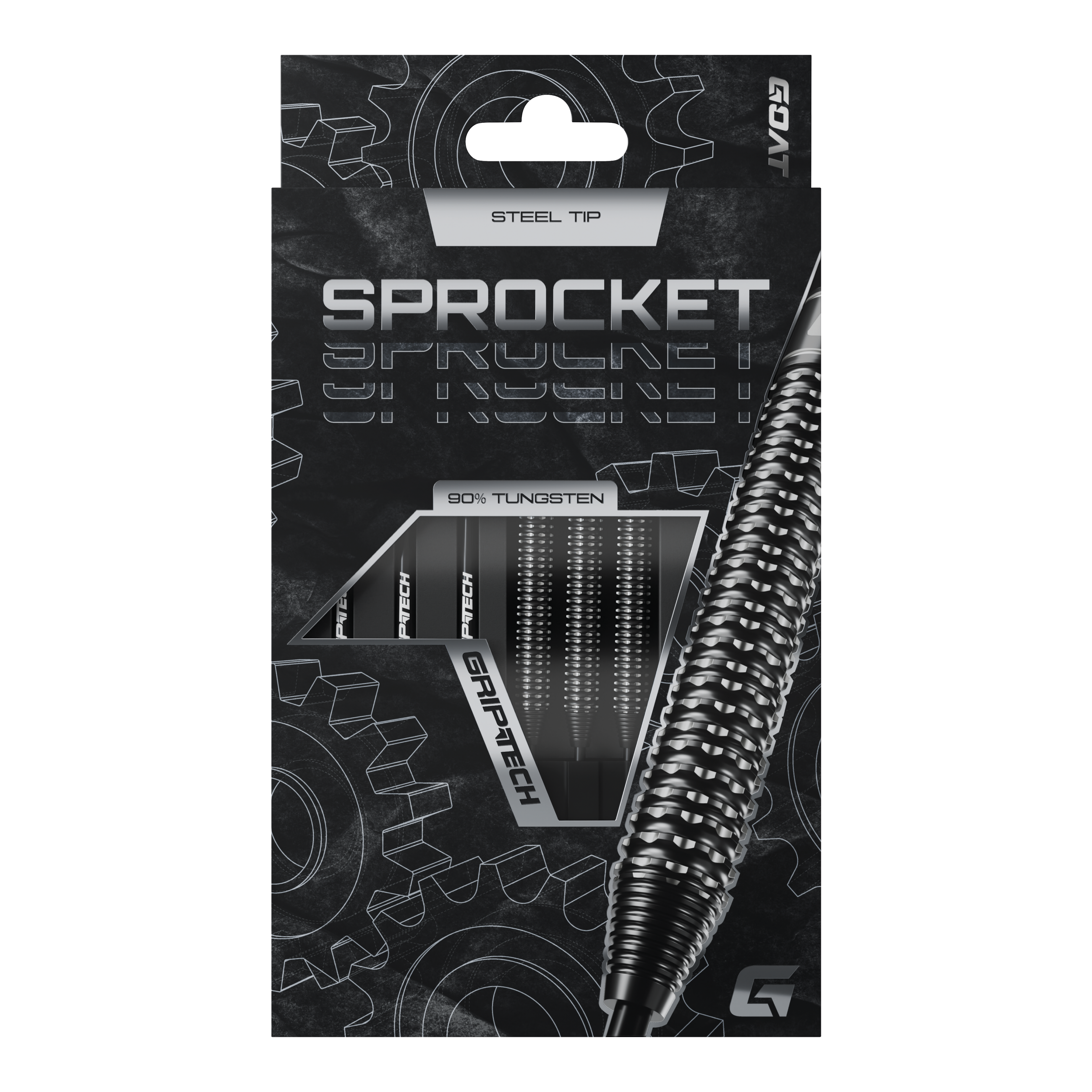 GOAT Sprocket Tungsten Steel Darts Die Abbildung zeigt die Verpackung der GOAT Sprocket Tungsten Steeldarts. Auf der Packung sind die Eigenschaften wie "Steel Tip" und "90% Tungsten" deutlich hervorgehoben.