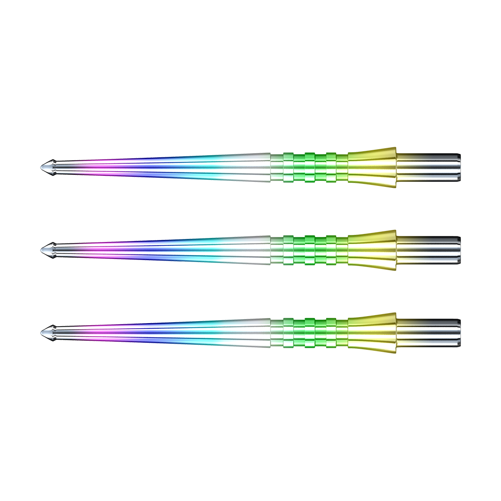 Das Bild zeigt drei bunte Dartspitzen des Produkts „RedDragon Raptor GT Rainbow Points Spitzen“. Sie haben einen metallischen Glanz und leuchten in verschiedenen Regenbogenfarben.