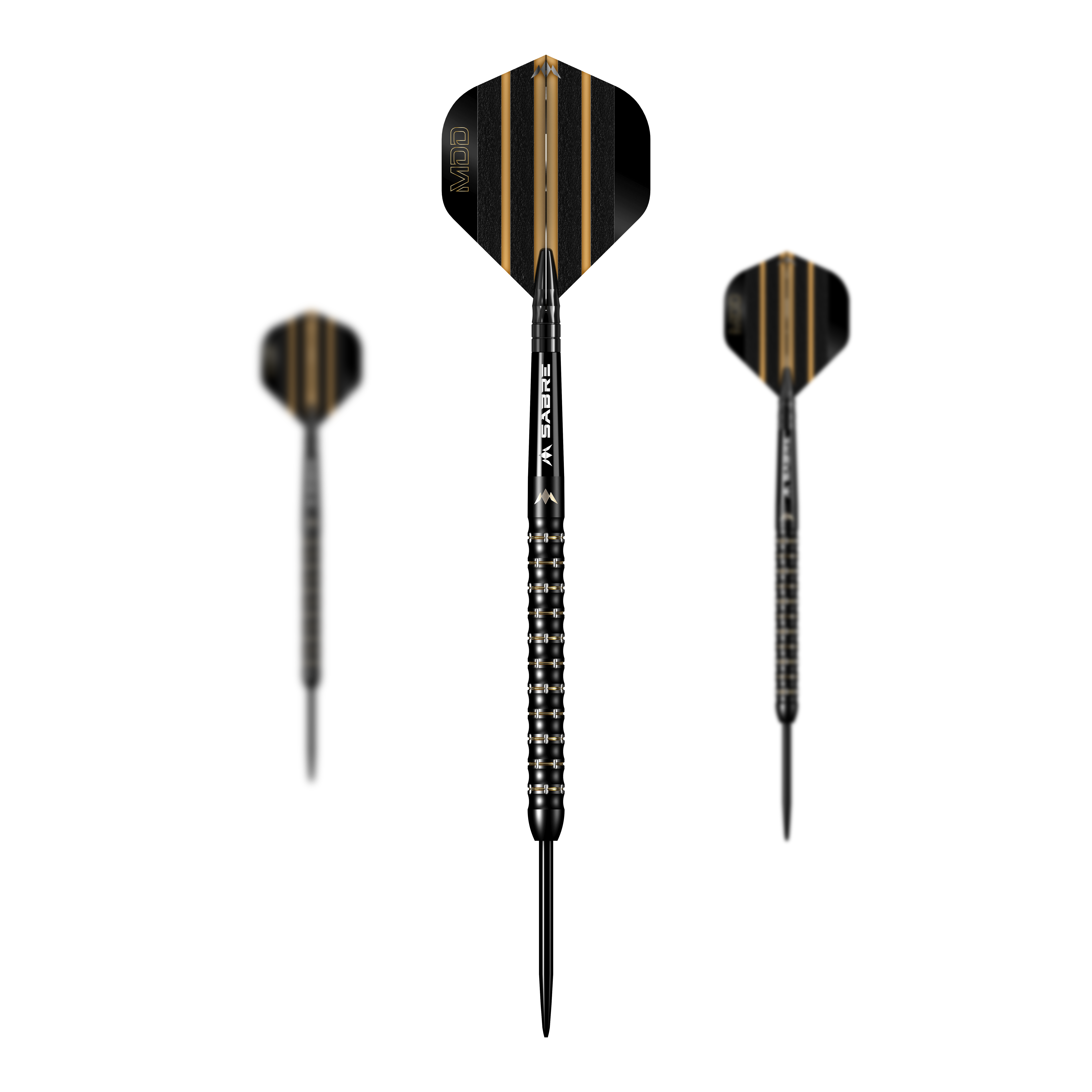 Das Bild zeigt drei Steeldarts des Modells "Mission Mike De Decker MDD Black Gold". Die Darts sind schwarz-gold gestaltet und besitzen ein modernes, auffälliges Design.