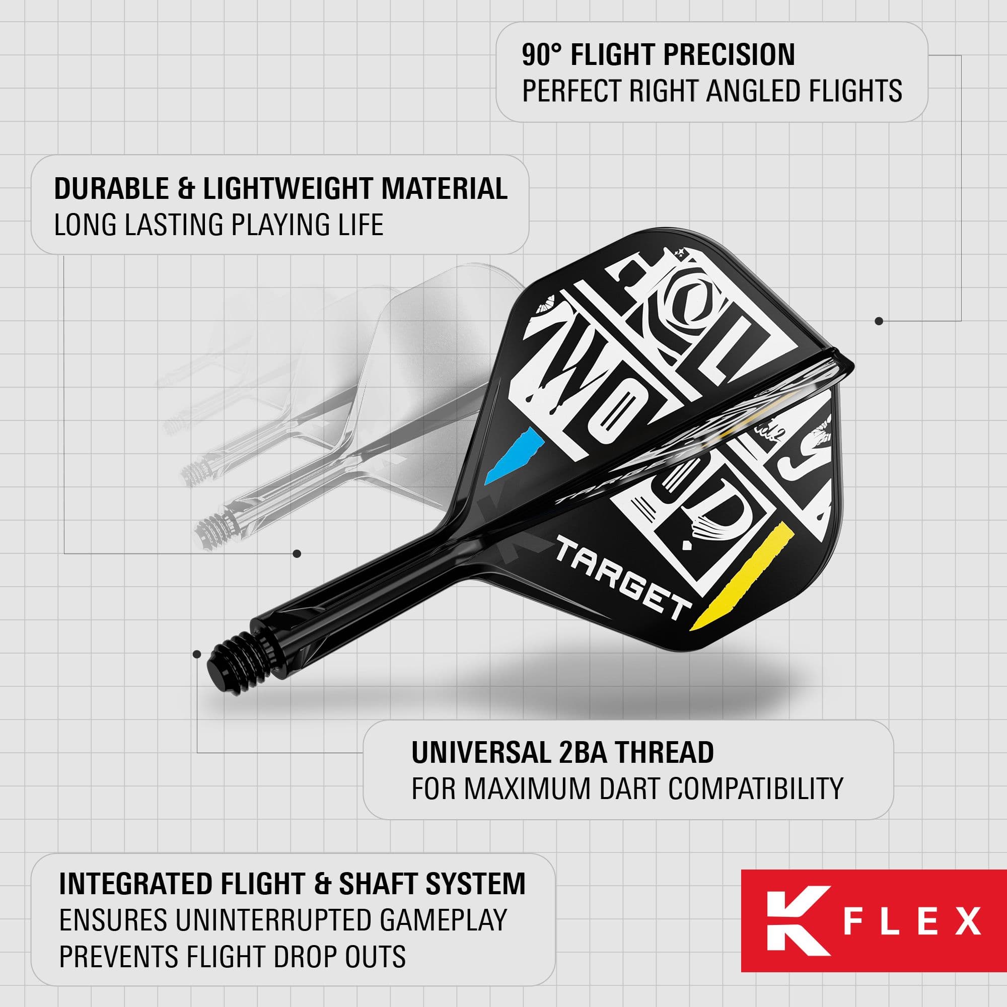 Das Bild zeigt das Produkt "Target K-Flex Chris Dobey No2 Standard Flights" für Darts. Es hebt die langlebigen und leichten Materialien, die präzisen 90°-Flüge sowie das integrierte Flight- und Schaftsystem hervor.