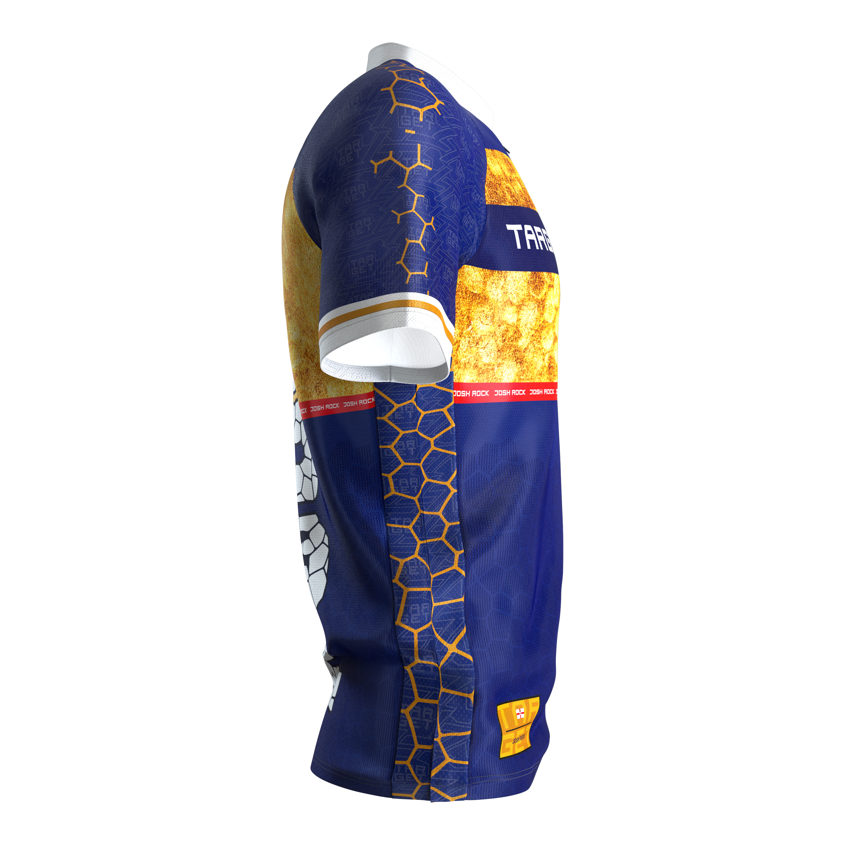 Target Coolplay Josh Rock Dart Shirt 2025 Das Bild zeigt das Produkt "Target Coolplay Josh Rock Dartshirt 2025". Das Shirt ist überwiegend blau mit goldenen und weißen Mustern sowie auffälligen grafischen Elementen gestaltet.