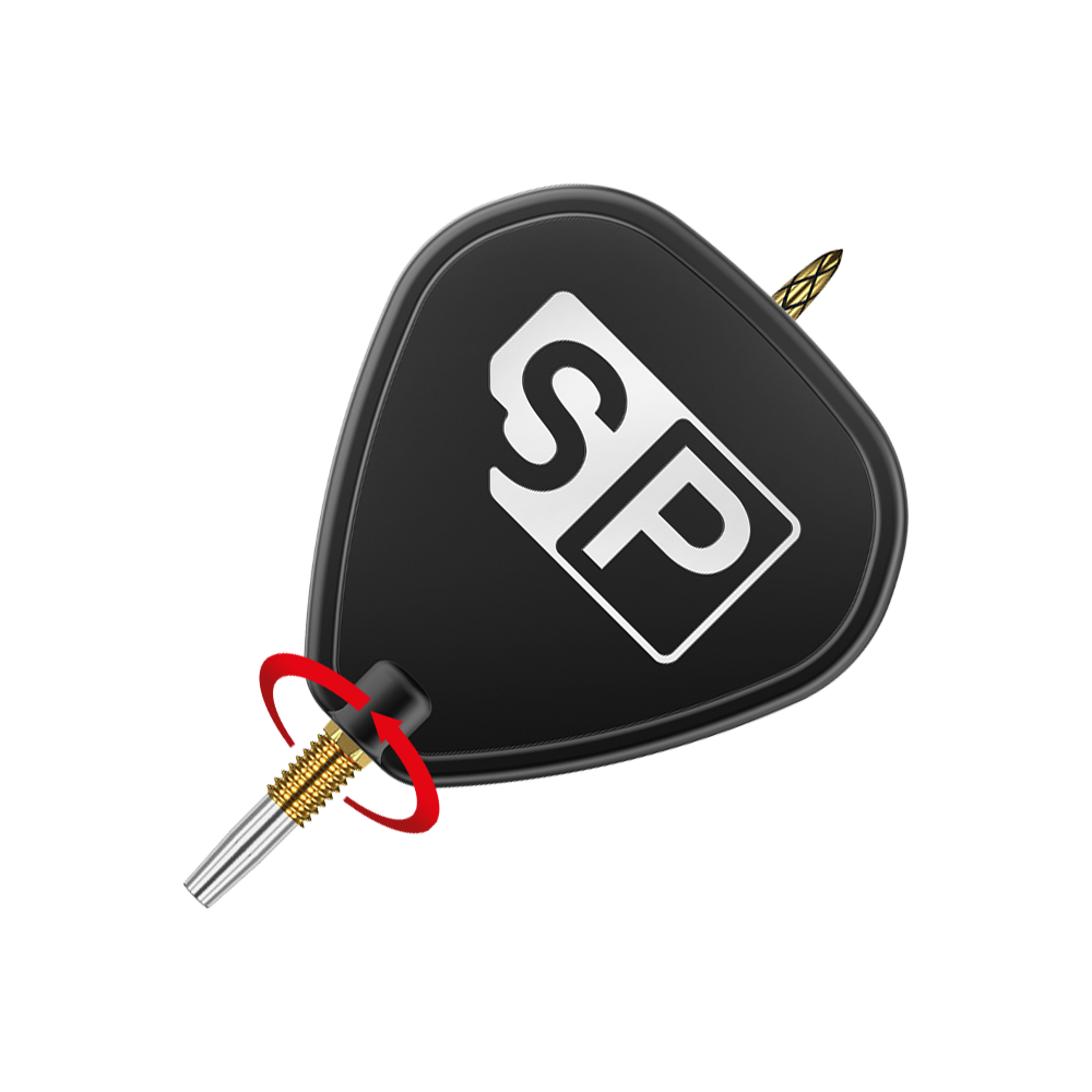 Target Swiss DS Surge Point Dart Tips - Gold Das Bild zeigt eine schwarze Dartspitze mit der Aufschrift "SP" auf dem Flight. Ein roter Pfeil zeigt eine Drehbewegung an der goldenen Verschraubung der Spitze.