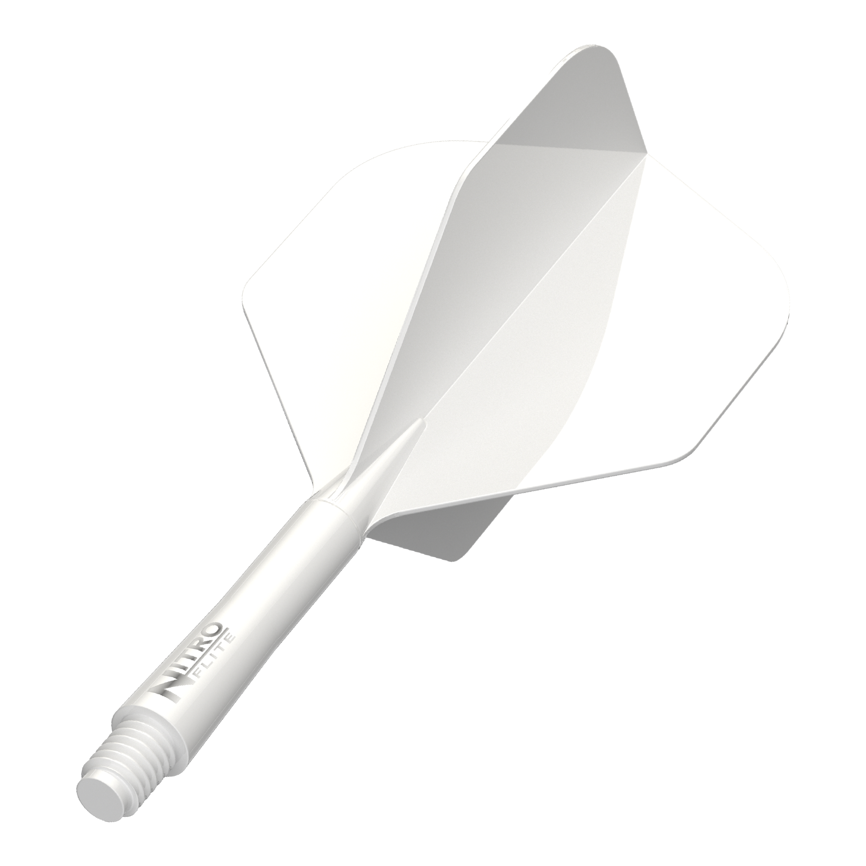 Das Bild zeigt das Produkt Red Dragon Nitro Flite Solid White and White Intermediate. Ein weißer Dart-Schaft mit weißen Flights ist zu sehen.