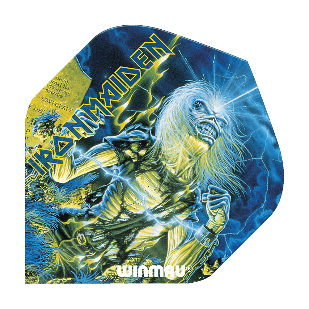 Das Bild zeigt ein Dartflight mit dem Motiv des Iron Maiden Albums "Life After Death". Auf dem Flight sind der Bandname, ein Skelett und der Schriftzug "Winmau" zu sehen.