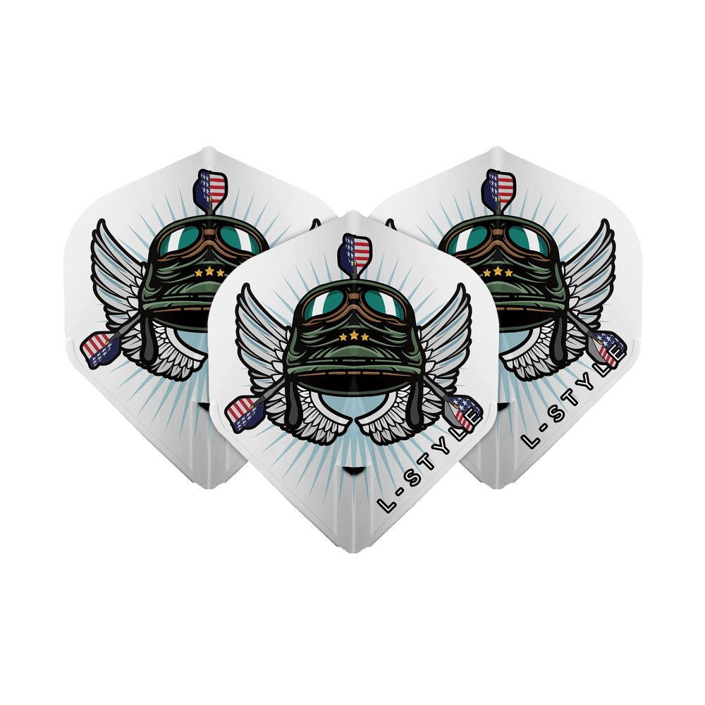 L-Style_Leonard_Gates_V3_White_L1EZ_Flights_1vyGGYwkxdhUgb Das Bild zeigt drei weiße L-Style Leonard Gates V3 L1EZ Flights. Auf den Flights befindet sich ein farbenfrohes Design mit Fliegerhelm, Flügeln und amerikanischen Flaggen.