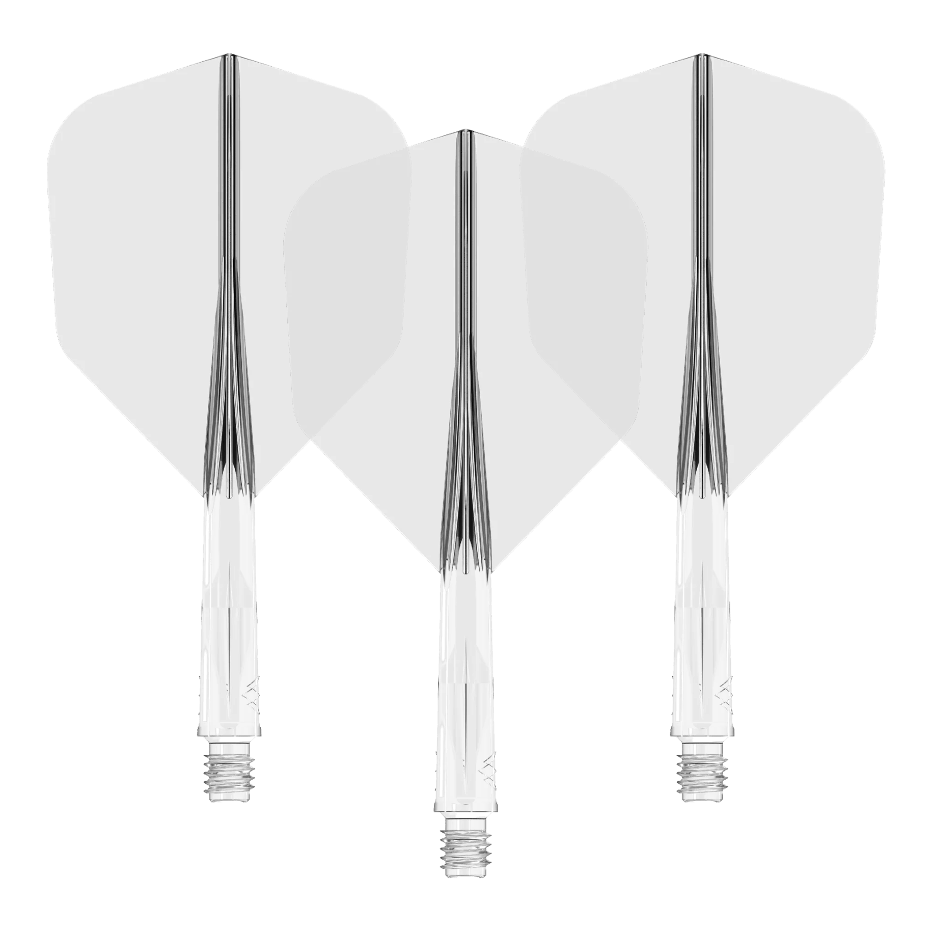 Mission Force 90 No6 Flight Shaft System - Clear Auf dem Bild sind drei klare Dart-Flights mit passenden transparenten Schäften zu sehen. Sie sind nebeneinander angeordnet und zeigen eine einheitliche, schlichte Optik.