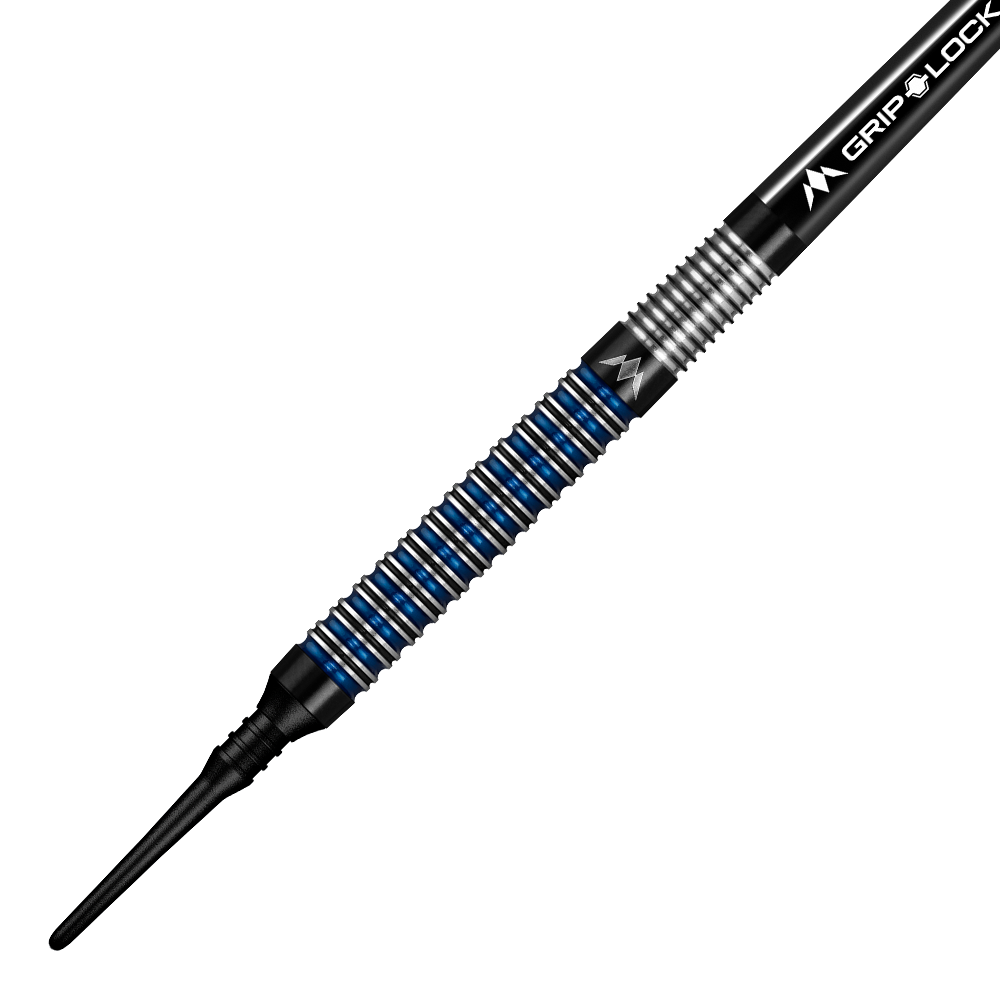 Mission Nightfall Model 1 soft darts Das Bild zeigt einen Mission Nightfall Model 1 Softdart mit einem schwarzen und blauen Ringdesign am Griff. Der Dart besitzt eine feine Riffelung für besseren Halt und eine schwarze Softspitze.