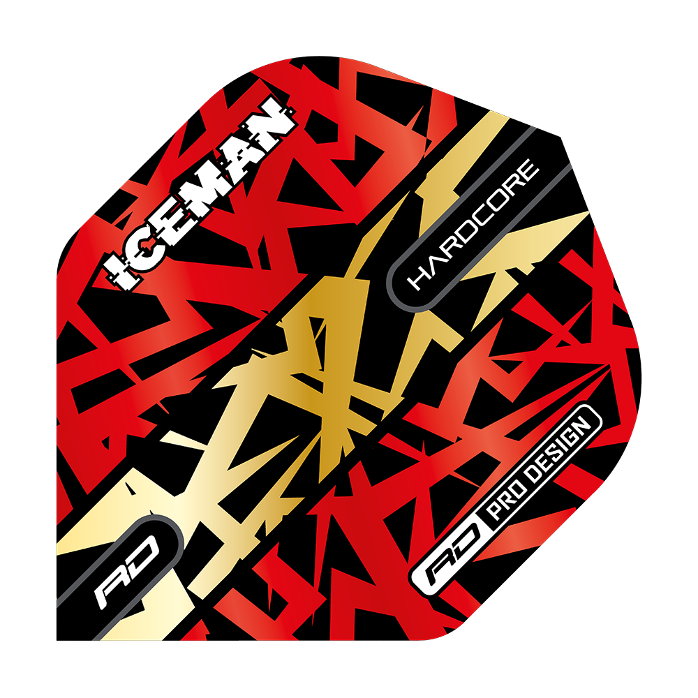 TF6871_Red_Dragon_Hardcore_Gerwyn_Price_Red_Gold_Premium_Standard_Flights_1 Das Bild zeigt ein Dartflight mit dem Namen "Red Dragon Hardcore Gerwyn Price Red Gold Premium Standard Flights". Das Design ist in Rot, Gold und Schwarz gehalten und enthält die Wörter "ICEMAN", "HARDCORE" und "PRO DESIGN".