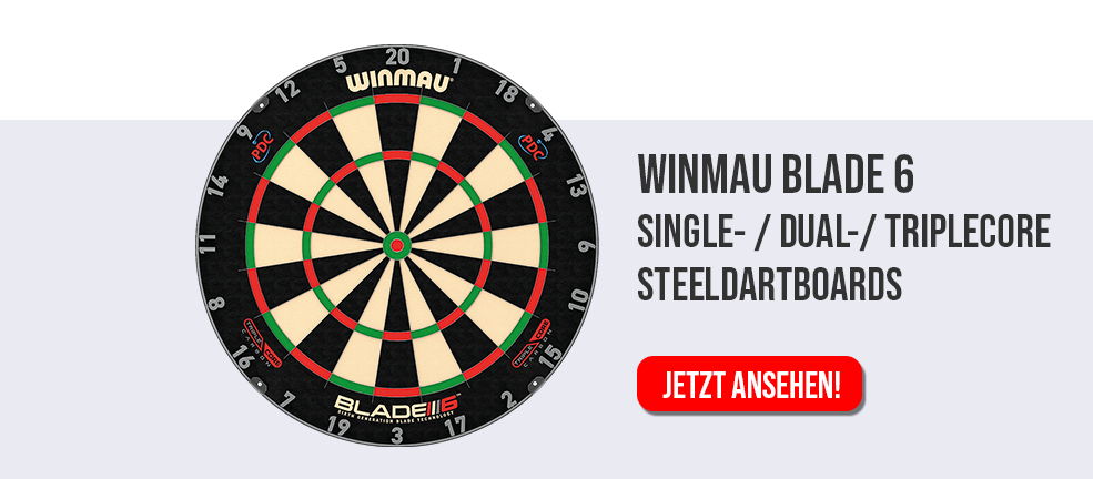 Auf dem Bild ist eine Winmau Blade 6 Steeldartscheibe zu sehen. Rechts daneben steht ein Werbetext mit einem roten Button, auf dem "JETZT ANSEHEN!" steht.