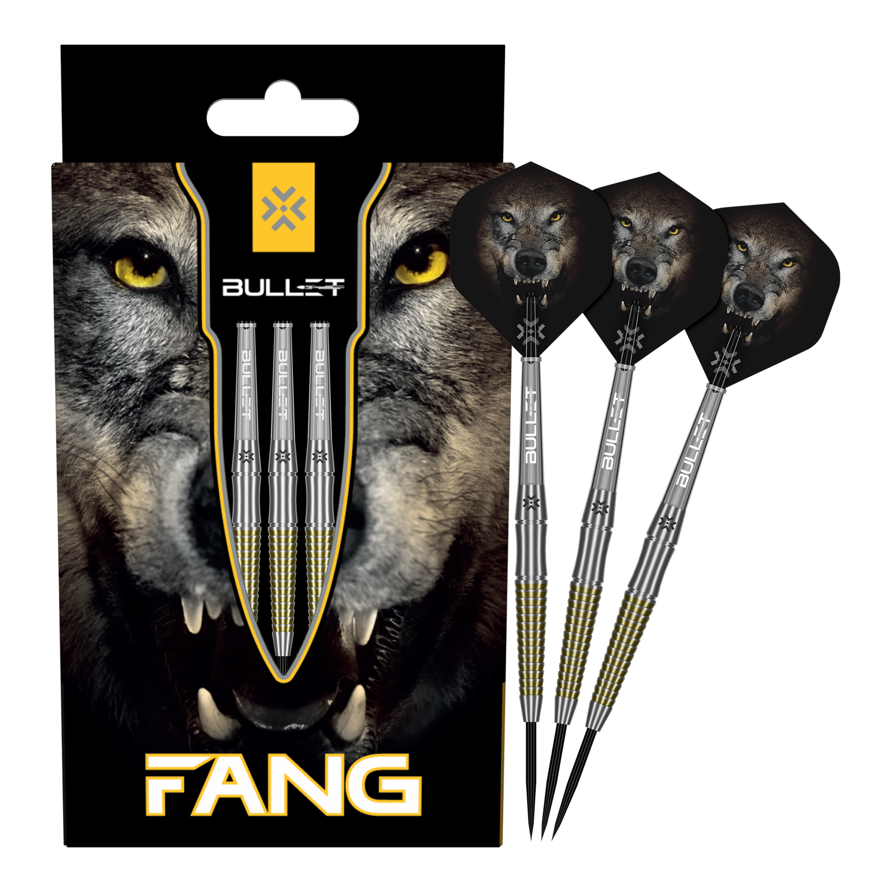 Auf dem Bild sind die Bullet Fang Steeldarts komplett zu sehen. Die Steeldarts sind in voller Länge dargestellt.
