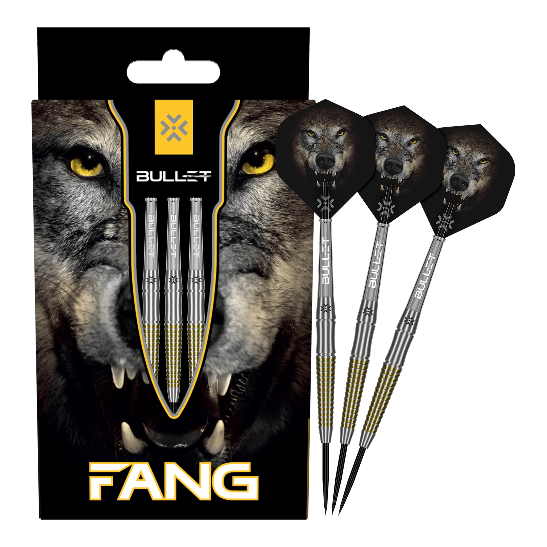 Bullet Fang steel darts Auf dem Bild sind die Bullet Fang Steeldarts komplett zu sehen. Die Steeldarts sind in voller Länge dargestellt.