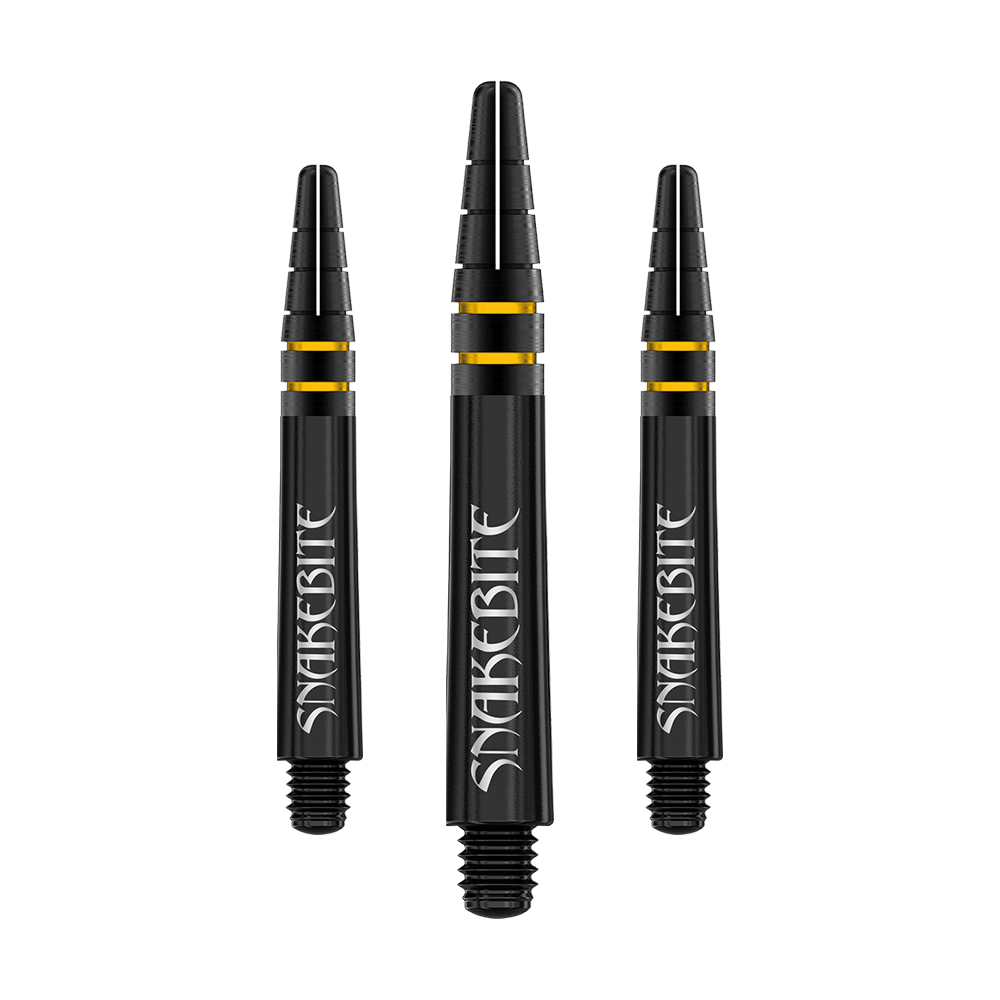 Das Bild zeigt drei schwarze Dartschäfte mit goldenen Ringen und der Aufschrift "SNAKEBITE". Die Schäfte sind das Modell "Red Dragon Nitrotech Peter Wright Shafts - Black Gold".