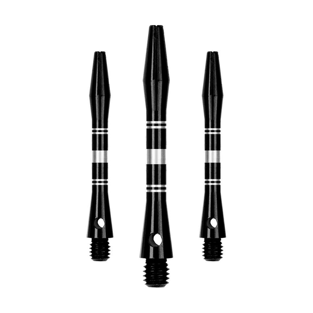 Ringed Aluminum Shafts - Black Silver Dieses Bild zeigt ein Set von Aluminium Shafts in Schwarz und Silber. Mehrere Komponenten des Sets sind sichtbar dargestellt.