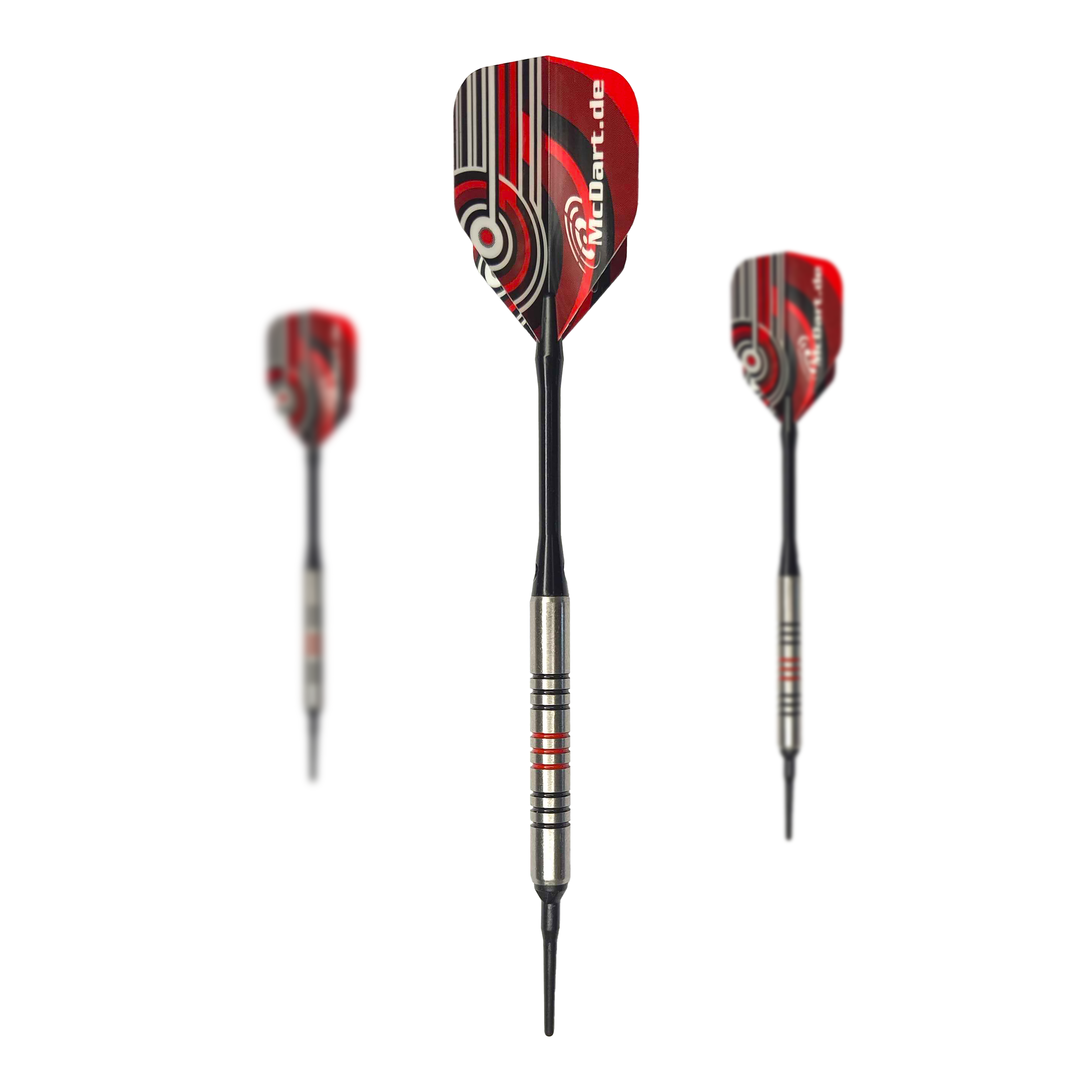 McDart 85 Tungsten V11 Soft Darts - 17.5g Das Bild zeigt drei Softdarts des Modells "McDart 85er Tungsten V11" mit einem Gewicht von 17,5 g. Die Darts haben einen silbernen Barrel mit roten Ringen und rote Flights mit grafischem Muster.
