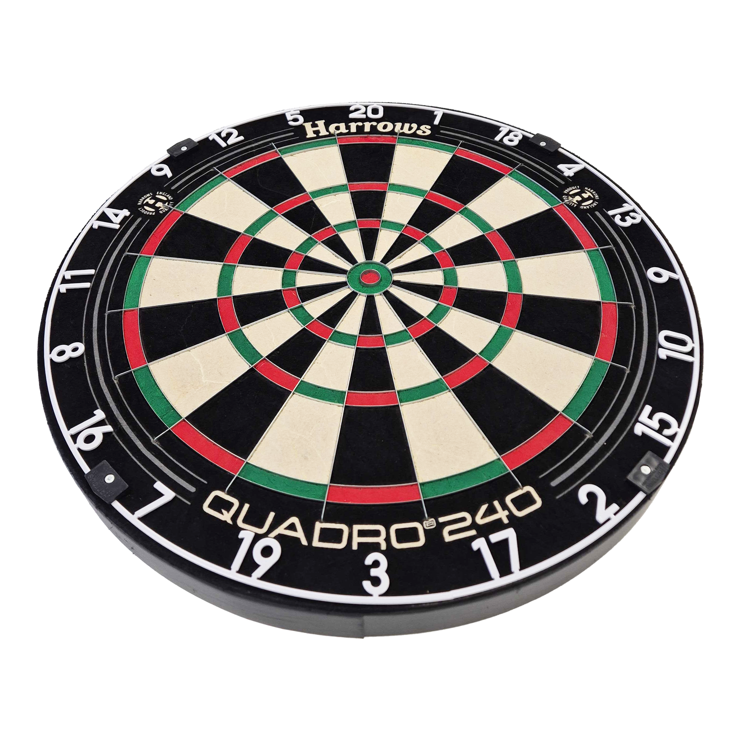 Harrows Quadro 240 steel dartboard Das Bild zeigt das Steeldartboard "Harrows Quadro 240". Die Dartscheibe ist rund und in verschiedene farbige Segmente unterteilt.