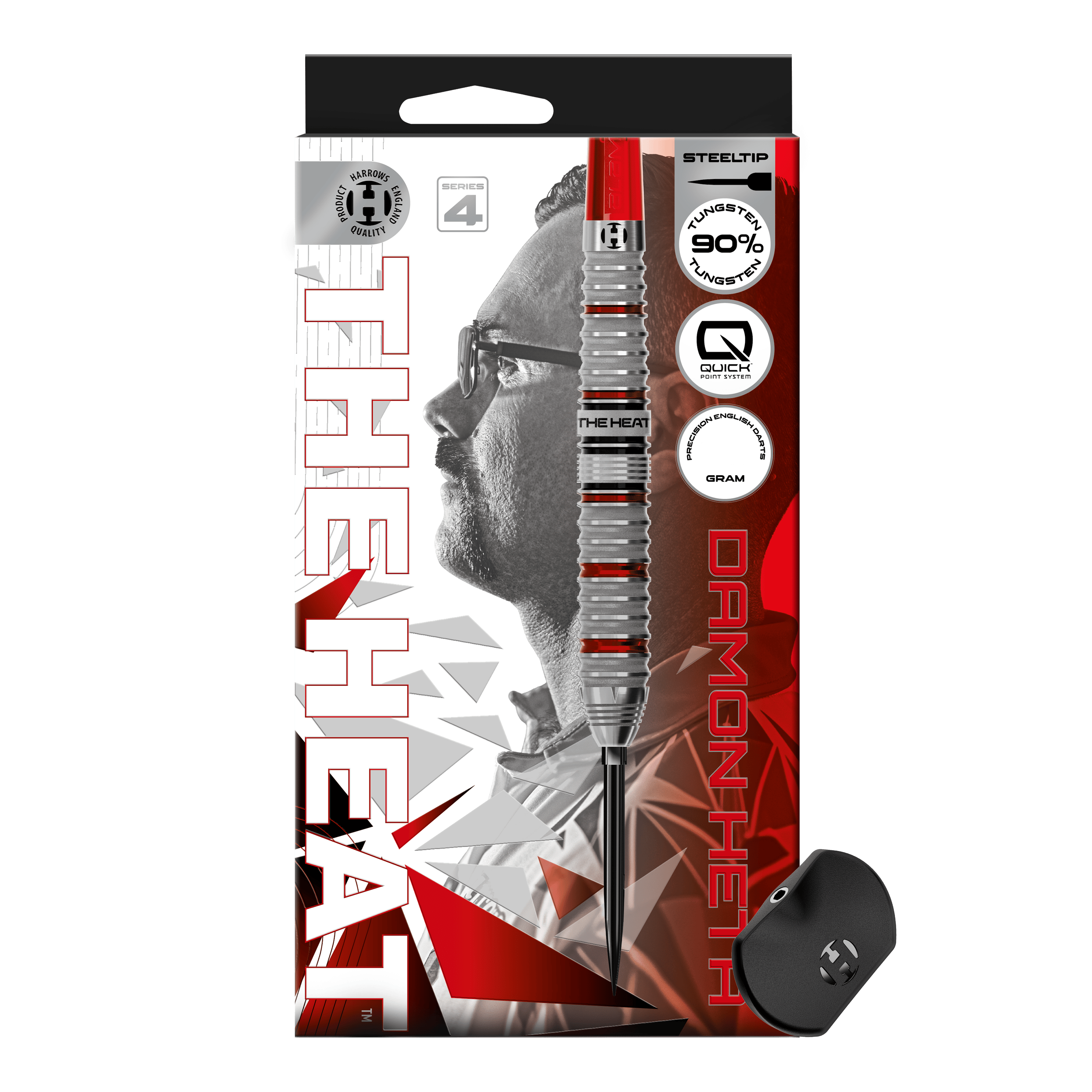 Abgebildet sind die Harrows Damon Heta Series 4 Quick Point Steeldarts. Diese Darts zeichnen sich durch ein modernes Design und ausgezeichnete Flugeigenschaften aus.
