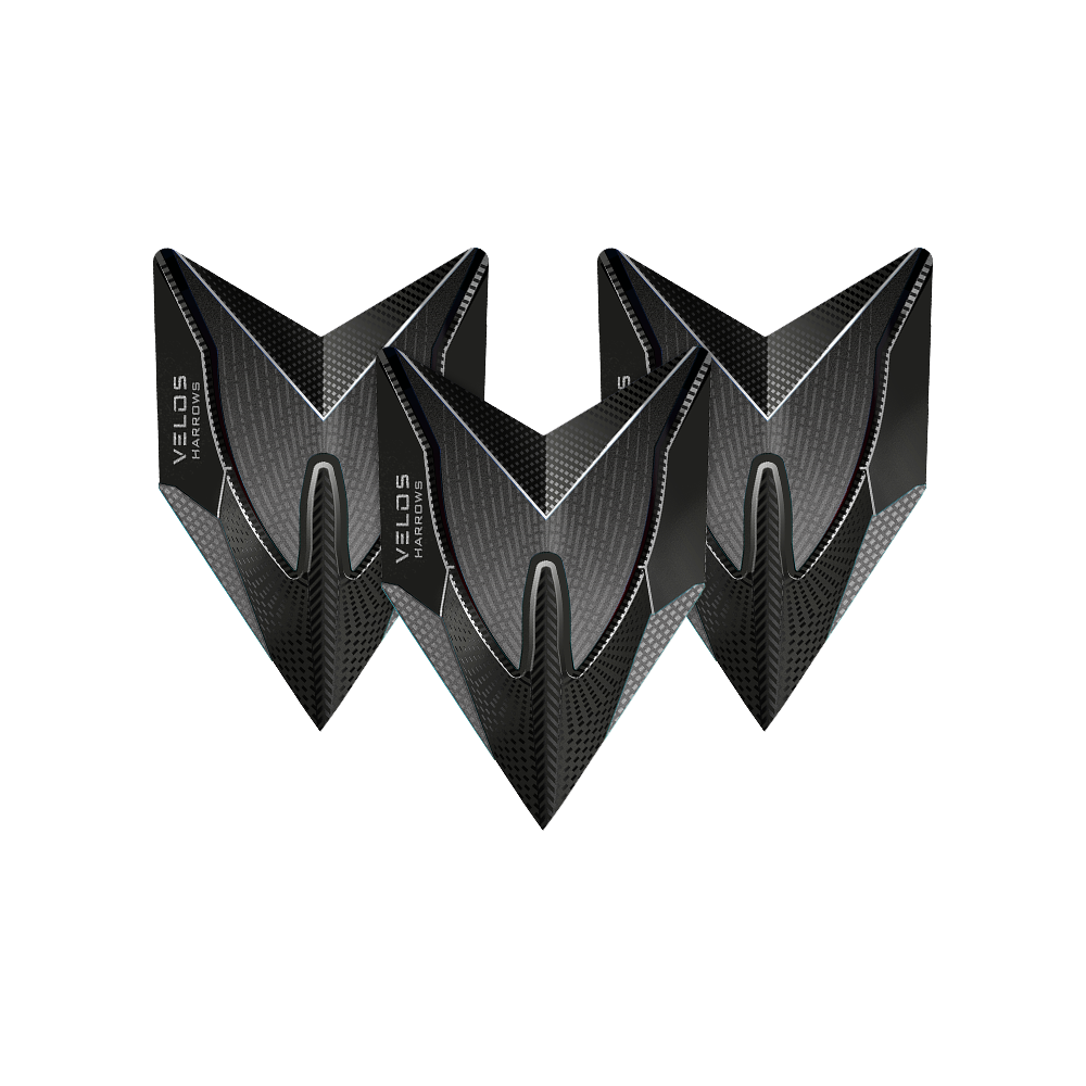 HR1014_Harrows_Smokey_2020_Velos_Flights_1VEE8onxqziQy5 Das Bild zeigt drei schwarze Dartflights des Modells "Harrows Smokey Velos". Die Flights haben ein modernes, grafisches Design mit silbernen Akzenten.