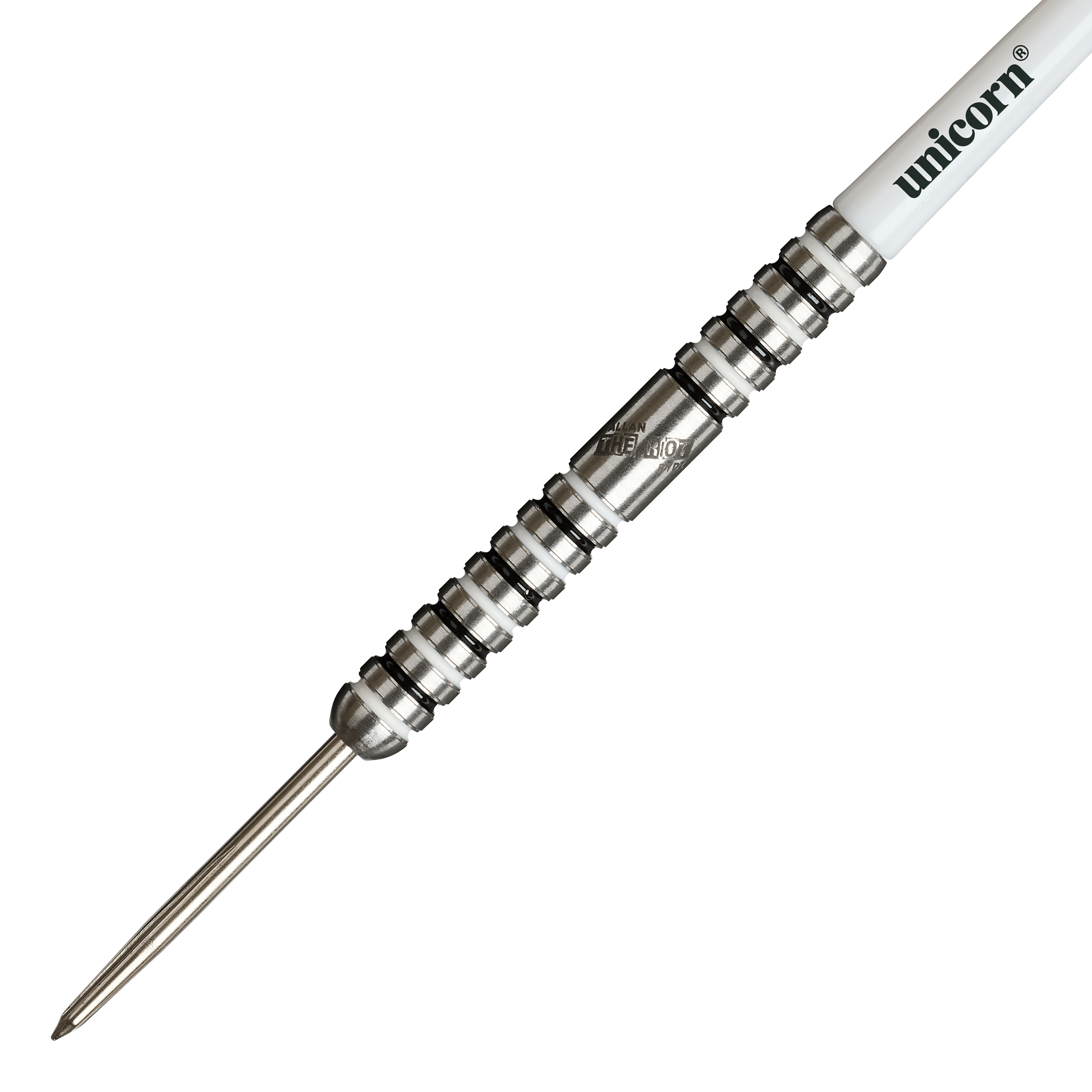 Unicorn Callan Rydz The Riot Phase 2 steel darts Das Bild zeigt einen silbernen Steeldart mit auffälligen Rillen und dem Markennamen "Unicorn" auf dem weißen Schaft. Es handelt sich um das Modell "Unicorn Callan Rydz The Riot Phase 2 Steeldarts".