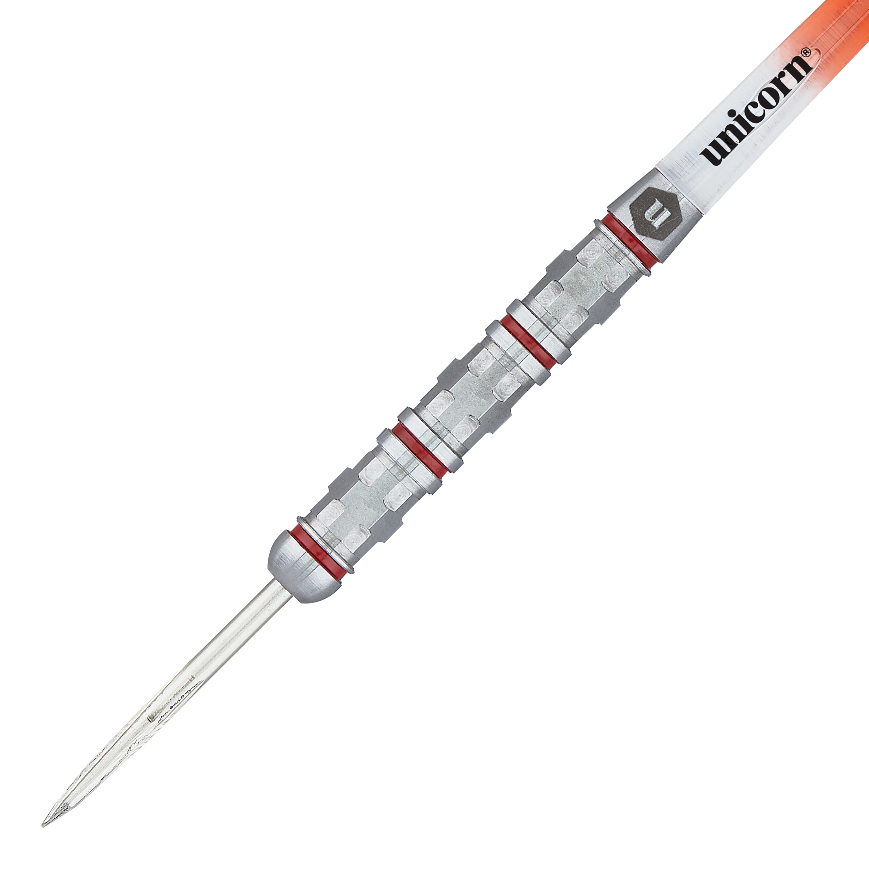 Unicorn Ballista Style 4 steel darts Das Bild zeigt einen Unicorn Ballista Style 4 Steeldart. Der Dartpfeil hat ein silbernes, geriffeltes Griffstück mit roten Ringen und einer Spitze aus Metall.