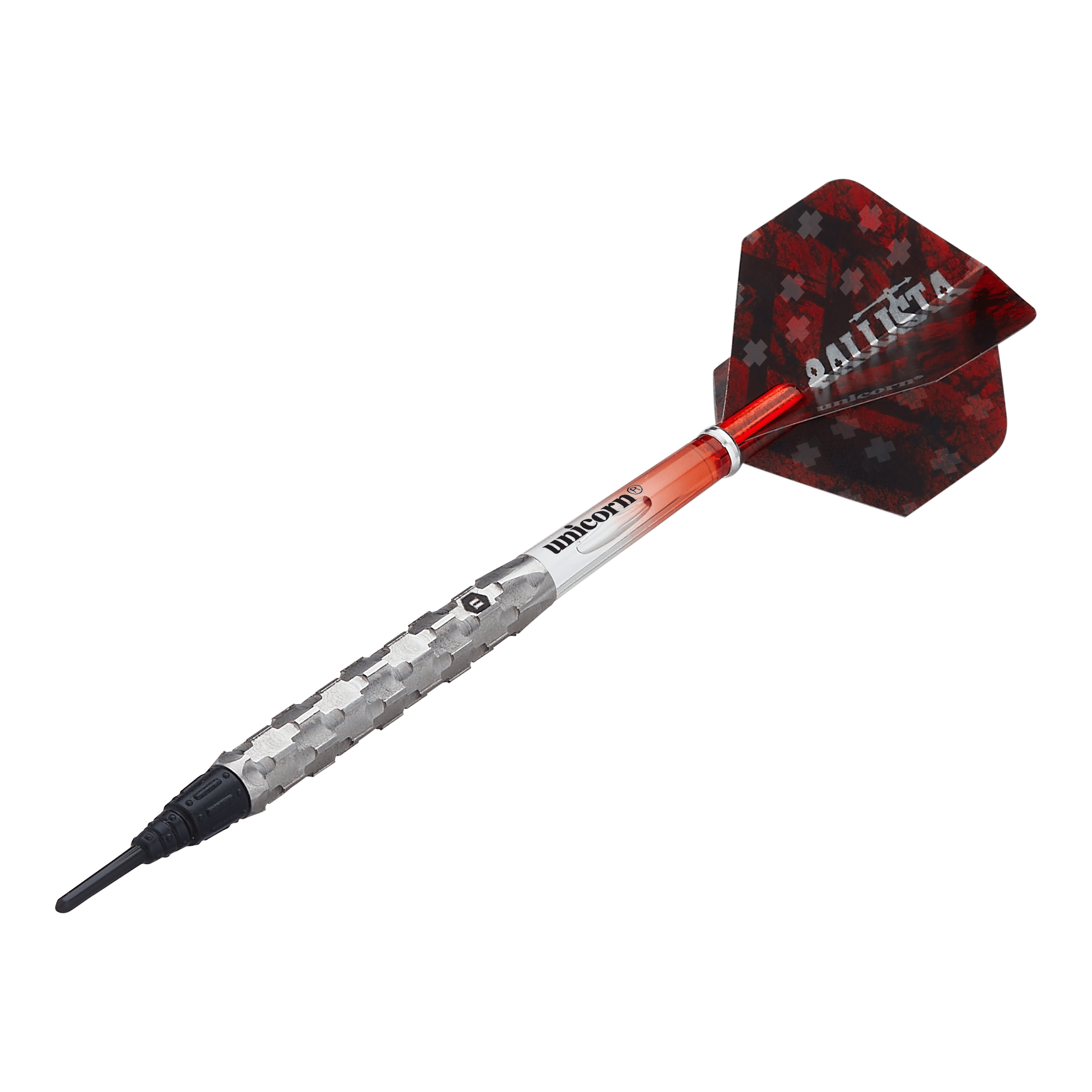 Unicorn Ballista Style 1 soft darts Das Bild zeigt einen Unicorn Ballista Style 1 Softdart. Der Dart hat ein silbernes Griffstück, einen roten Schaft und schwarze Flights mit der Aufschrift "BALLISTA".