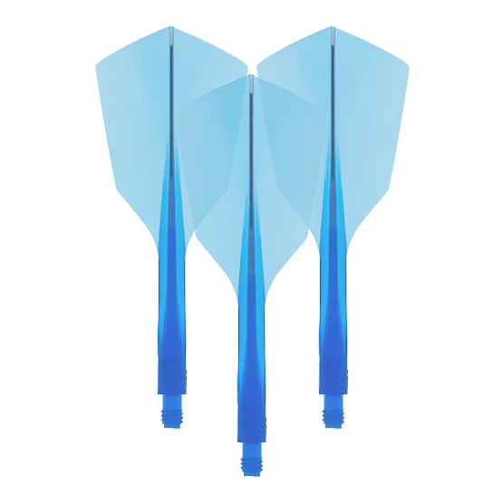 Condor Ax 120 Flight System Clear Blue - Narrow Das Bild zeigt drei blaue Dart-Flights mit integriertem Schaft. Es handelt sich um das Produkt "Condor Axe 120 Flight-System Clear Blue - Narrow".