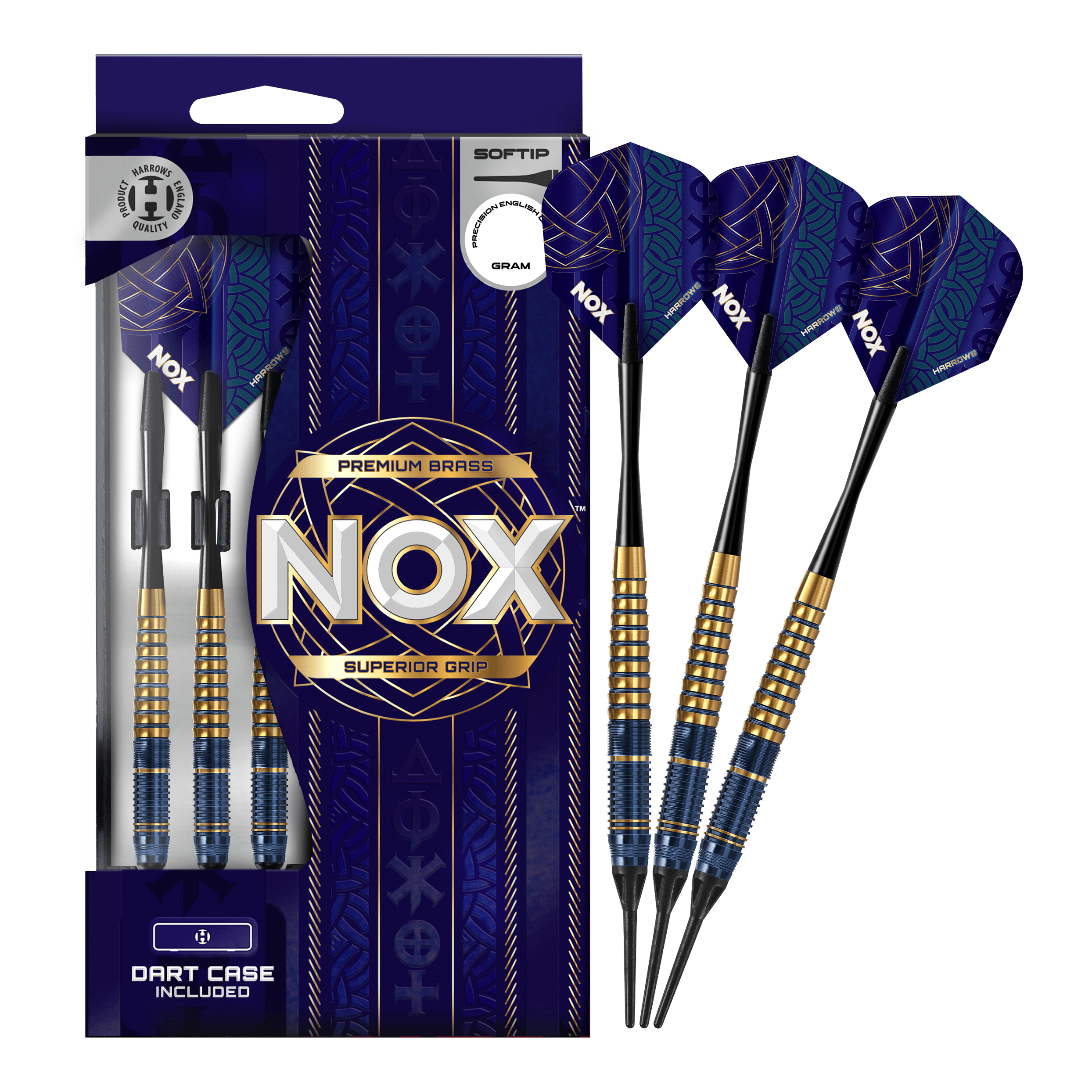 Harrows Nox Premium Brass Soft Darts Das Bild zeigt die Harrows Nox Premium Brass Softdarts. Es handelt sich um hochwertige Dartpfeile für Softdart-Spieler.