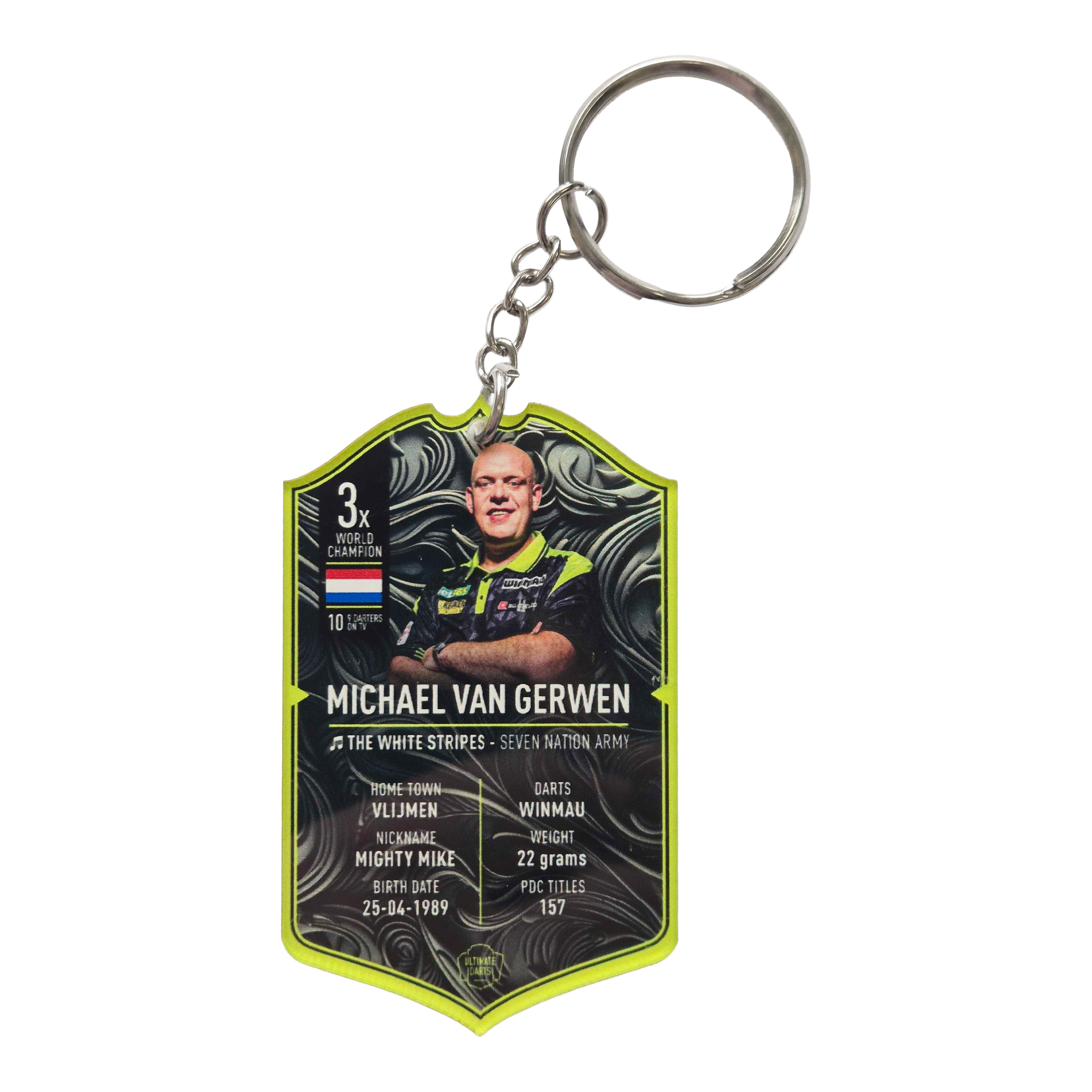 Ultimate Darts Card Keychain - Michael Van Gerwen Ultimate Darts Card Schlüsselanhänger - Michael Van Gerwen ist zu sehen. Der Schlüsselanhänger zeigt ein Motiv des berühmten Dartspielers Michael Van Gerwen.