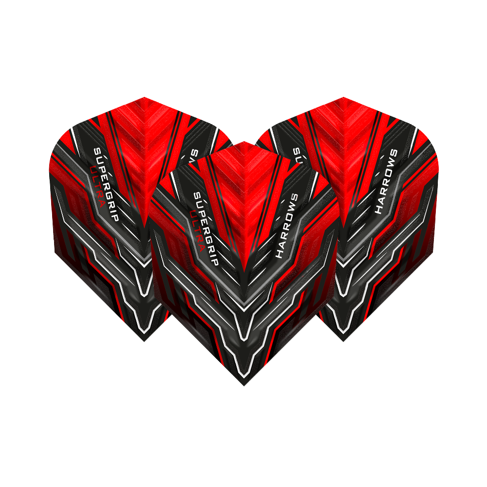 HR9_Harrows_Supergrip_Ultra_Red_Standard_Flights_1ZU7mfzcuGrVAC Das Bild zeigt drei rote Dart-Flights der Marke "Harrows Supergrip Ultra". Die Flights haben ein auffälliges schwarz-rotes Design mit weißen Akzenten.