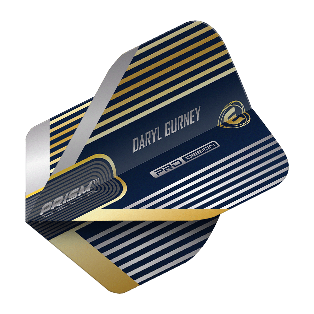 Das Bild zeigt ein Dartflight mit dem Namen "Winmau Prism Delta Daryl Gurney No2 Standard Flights". Das Design ist dunkelblau mit silbernen und goldenen Streifen sowie dem Schriftzug "Daryl Gurney".