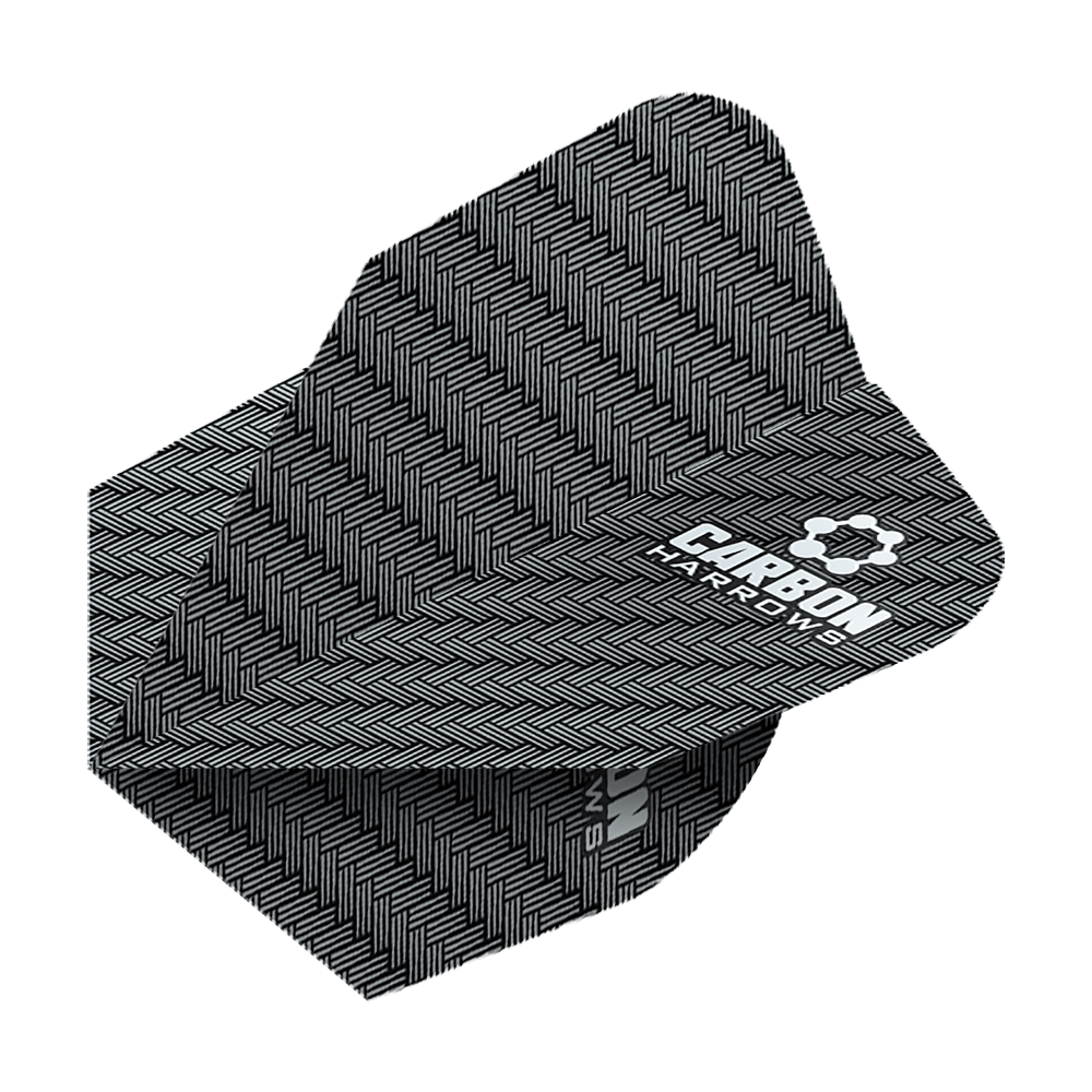 HR51_Harows_Carbon_No6_Flights_Grau_2 Das Bild zeigt das Produkt "Harrows Carbon Flights HR51". Es hat ein schwarzes Muster mit weißem Logoaufdruck.