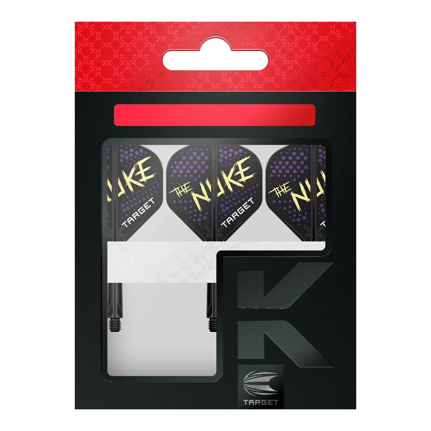 Target K-Flex Luke Littler Black No2 Standard Flight System Auf dem Bild ist eine Verpackung mit drei Dartflights zu sehen. Die Flights sind schwarz mit lila Punkten und der gelben Aufschrift "THE NUKE" sowie dem weißen Wort "TARGET".